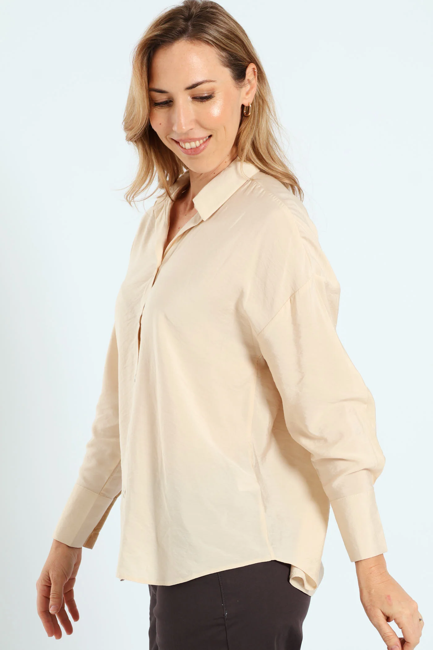 Cuff Detail Peach Finish Relaxed Shirt - Stone - Image 3