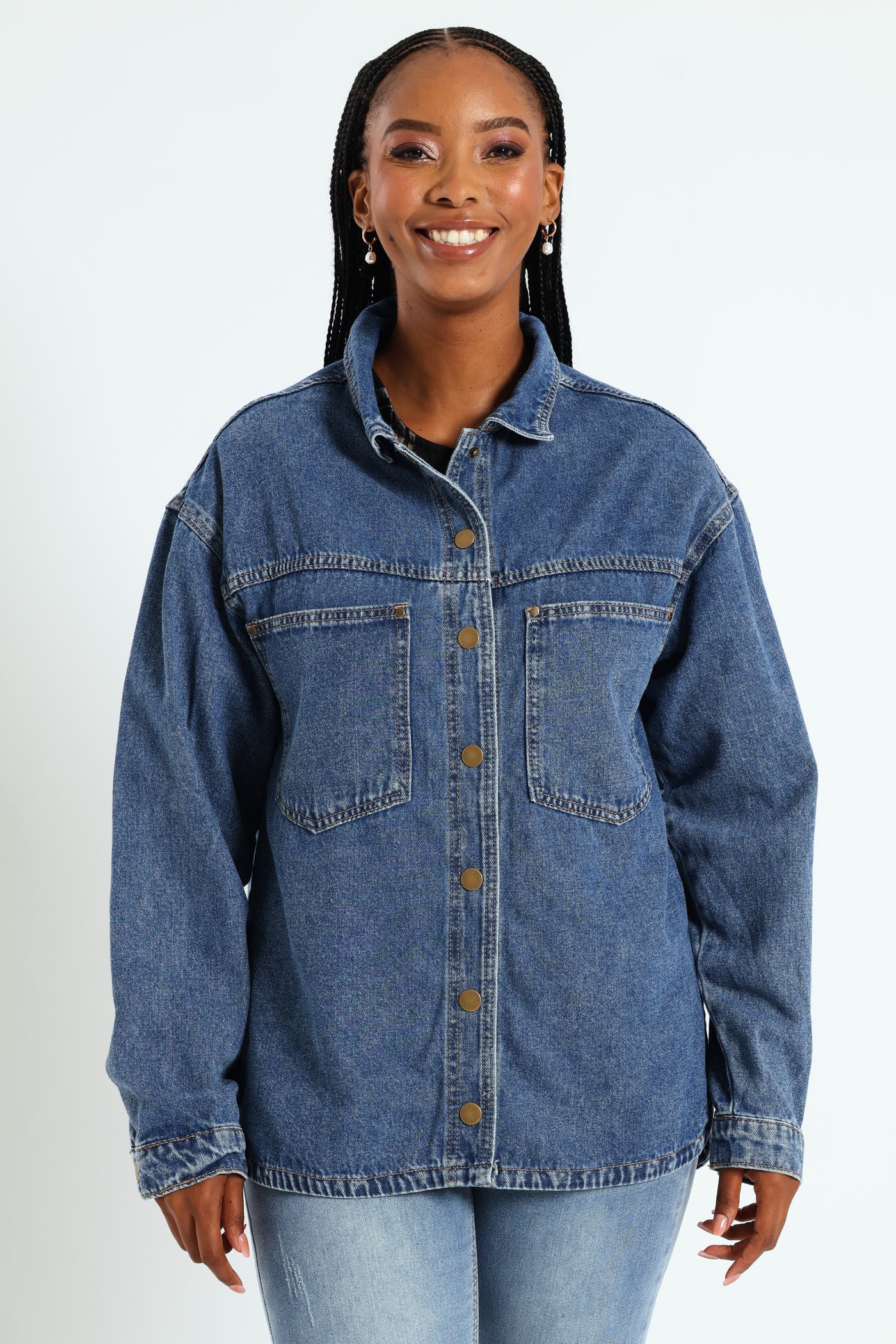 Curved Hem Denim Shacket - Dark Wash Ink - Image 2
