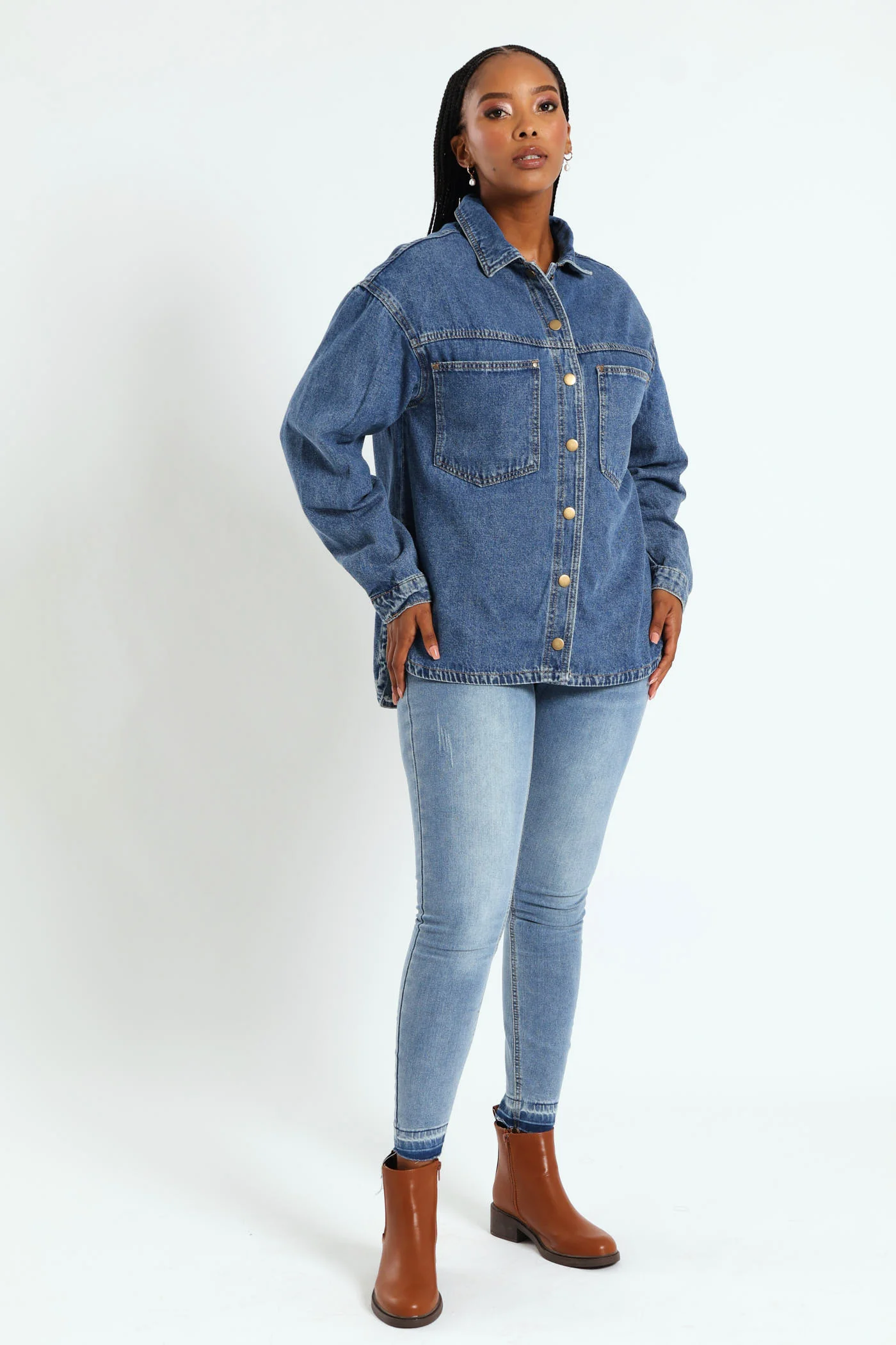 Curved Hem Denim Shacket - Dark Wash Ink - Image 3