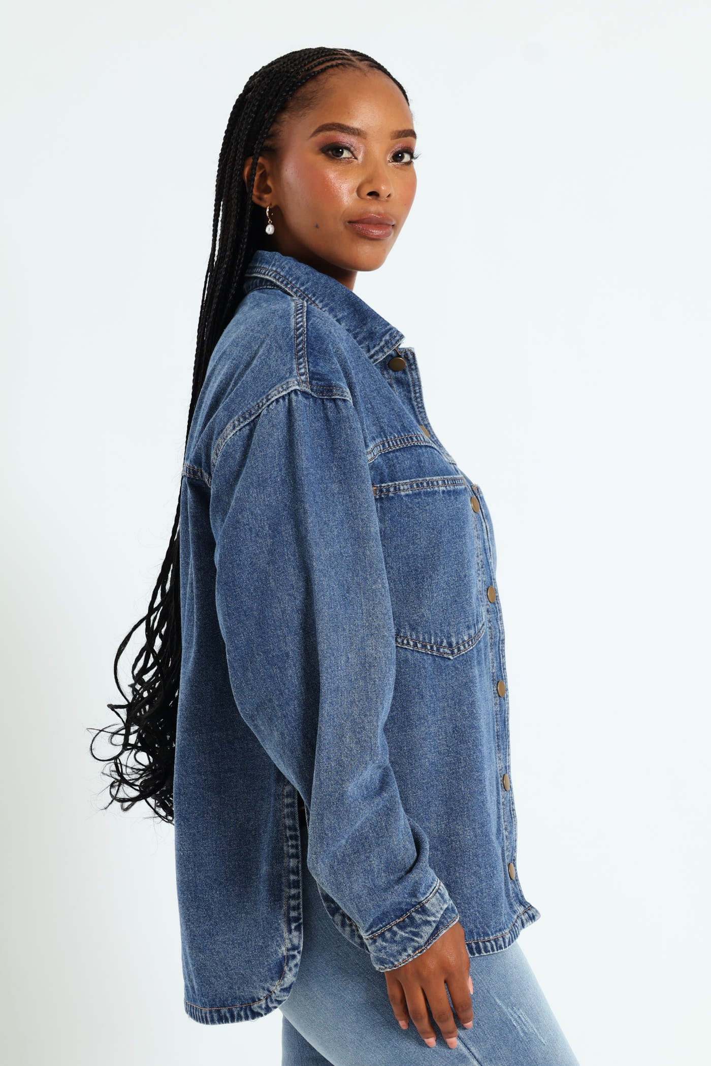 Curved Hem Denim Shacket - Dark Wash Ink - Image 4