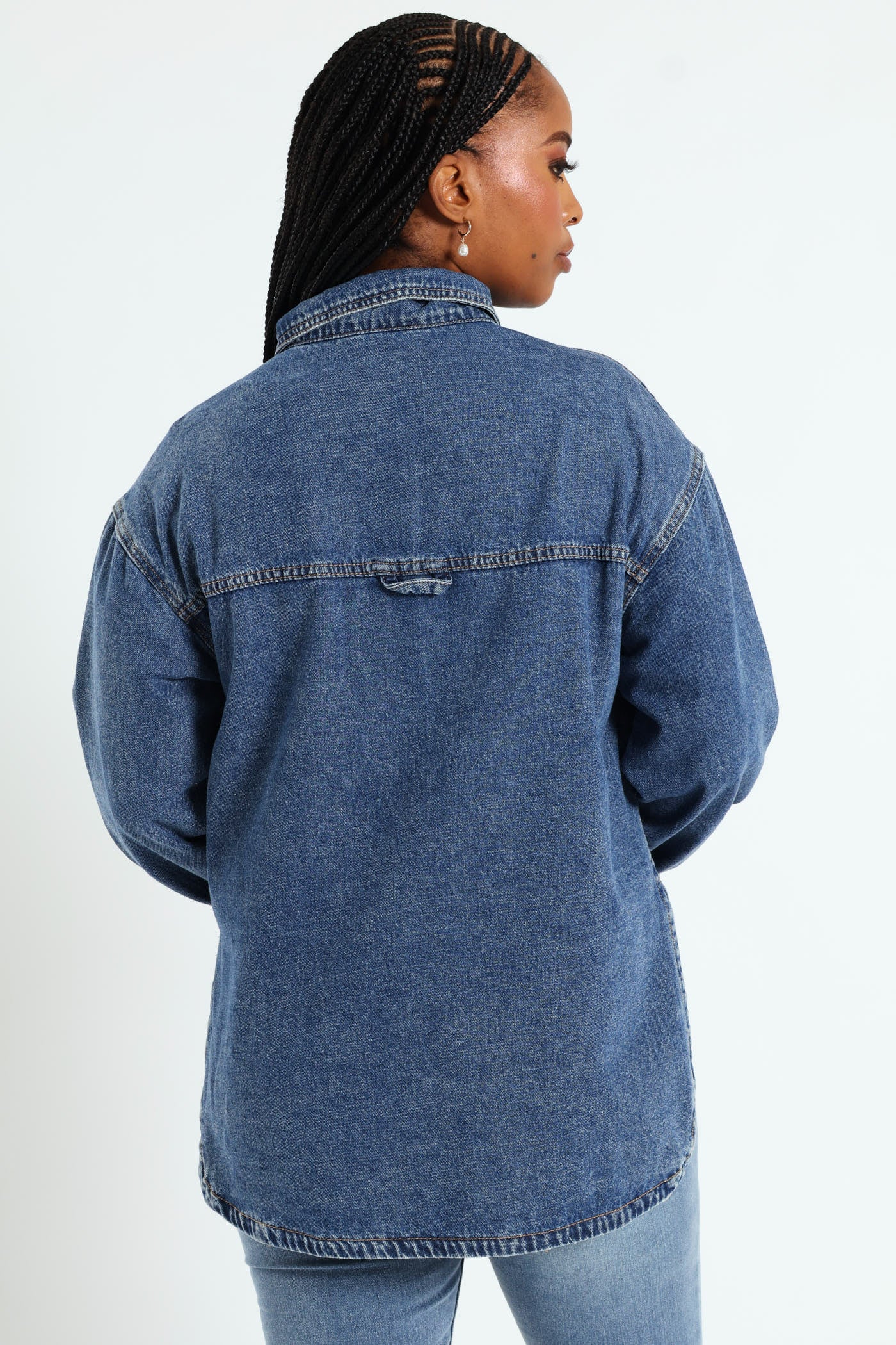 Curved Hem Denim Shacket - Dark Wash Ink - Image 5