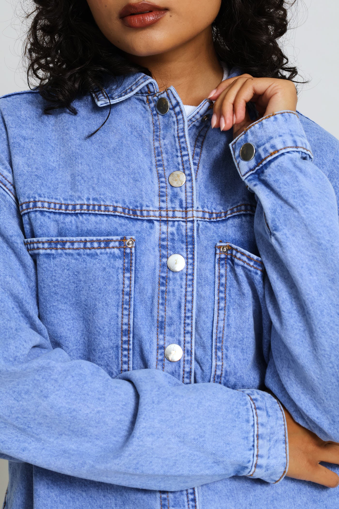 Curved Hem Denim Shacket - Periwinkle - Image 2