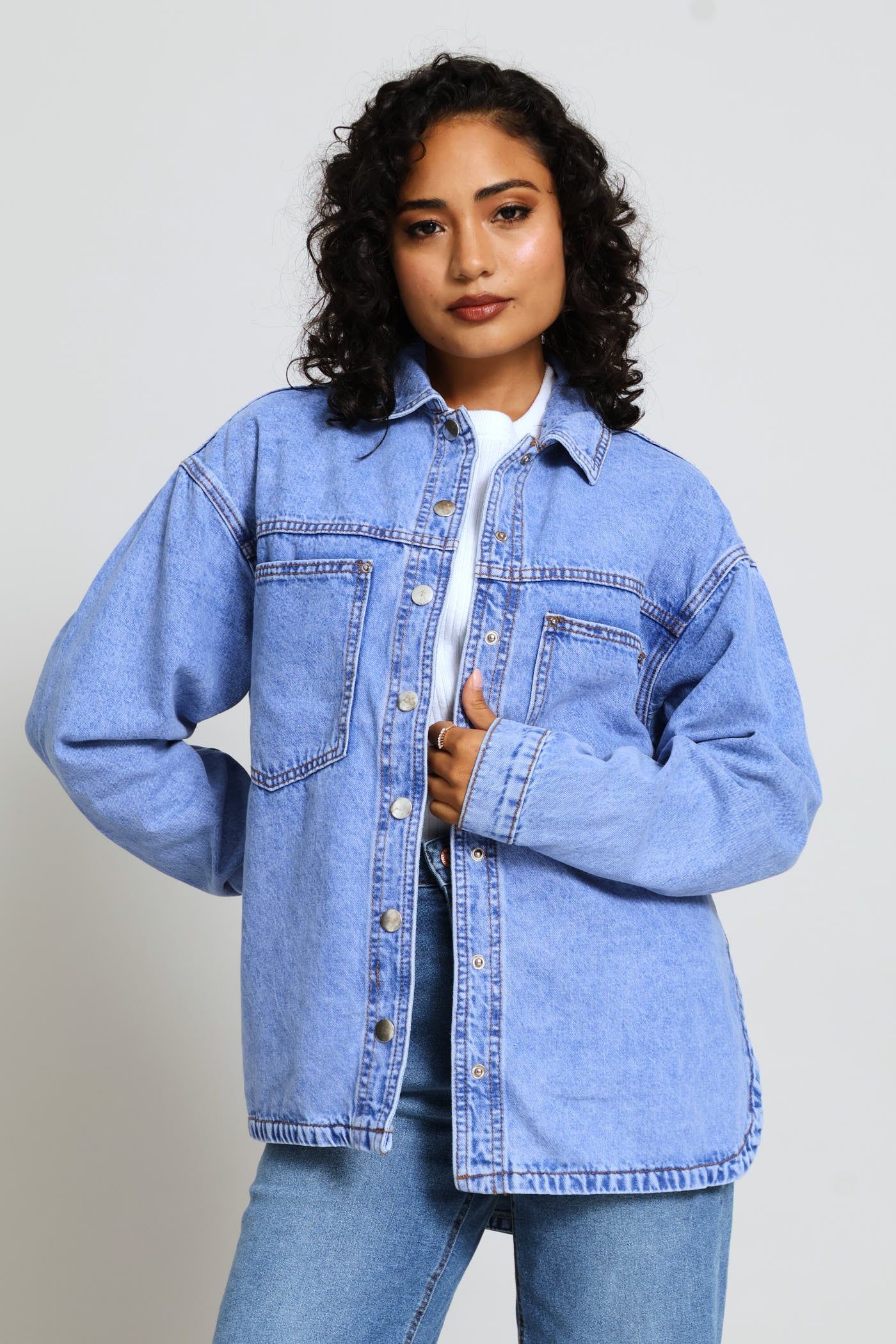 Curved Hem Denim Shacket - Periwinkle - Image 3