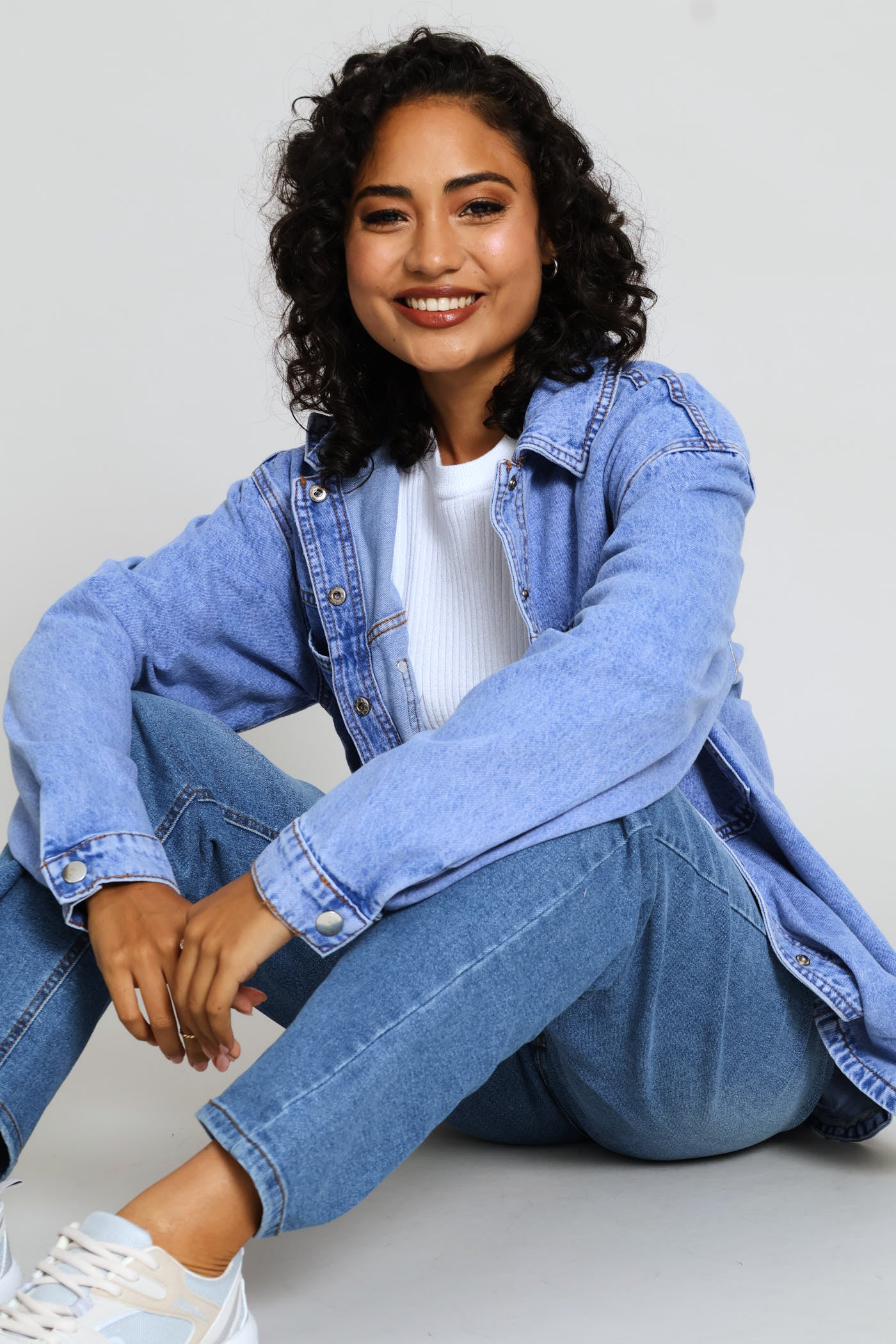 Curved Hem Denim Shacket - Periwinkle - Image 4