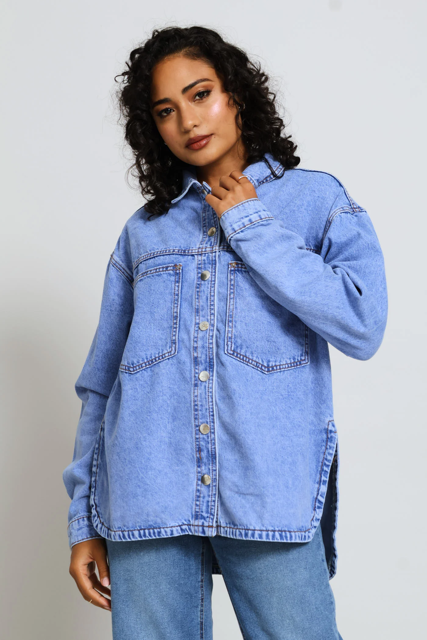 Curved Hem Denim Shacket - Periwinkle - Image 5