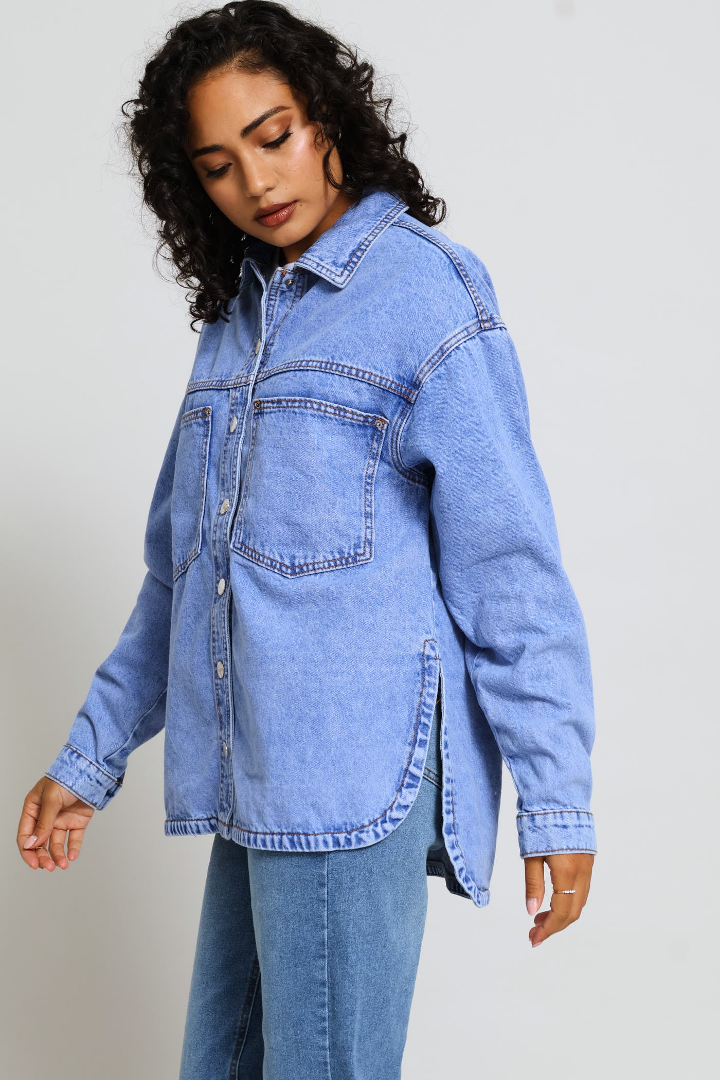 Curved Hem Denim Shacket - Periwinkle - Image 6