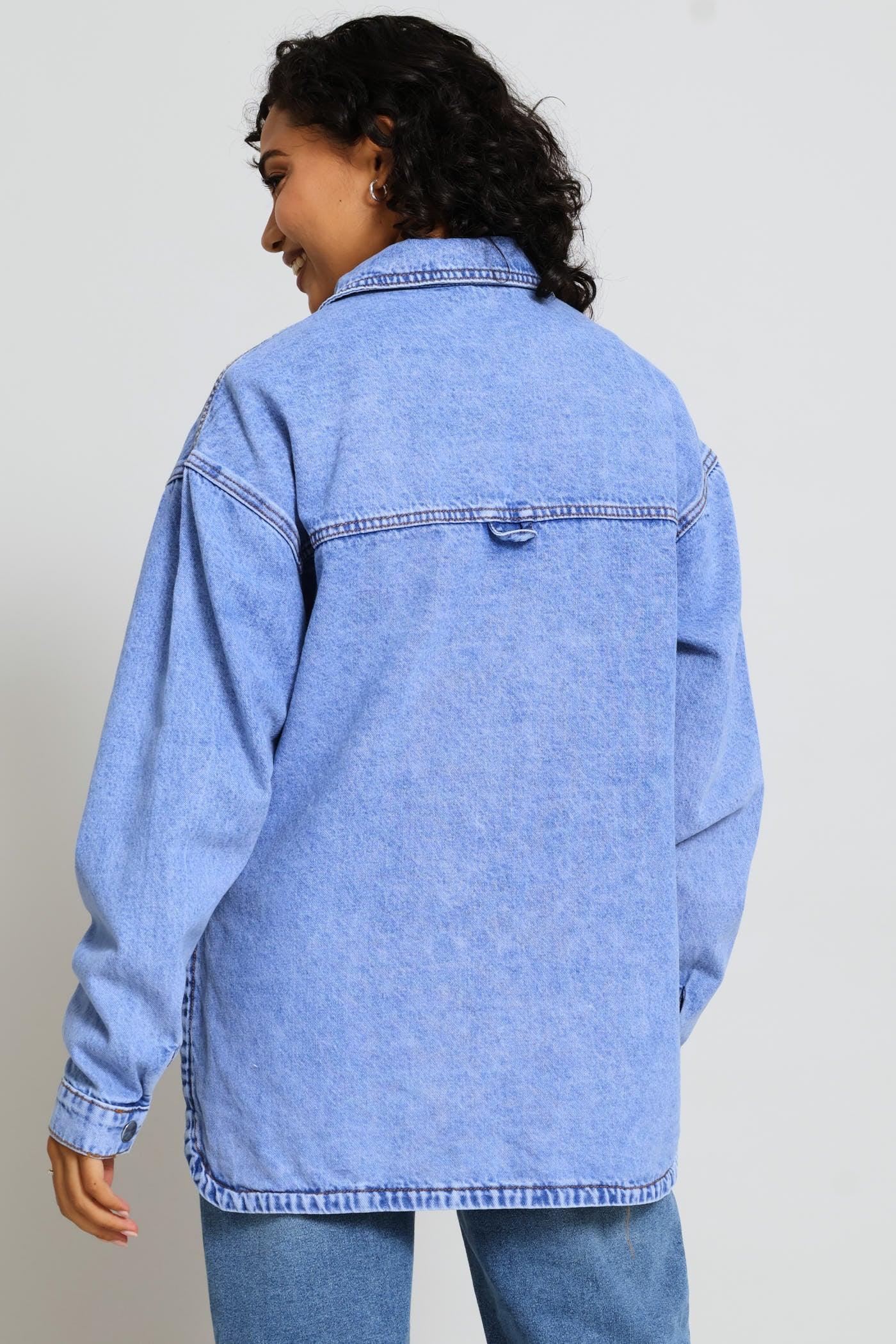 Curved Hem Denim Shacket - Periwinkle - Image 7