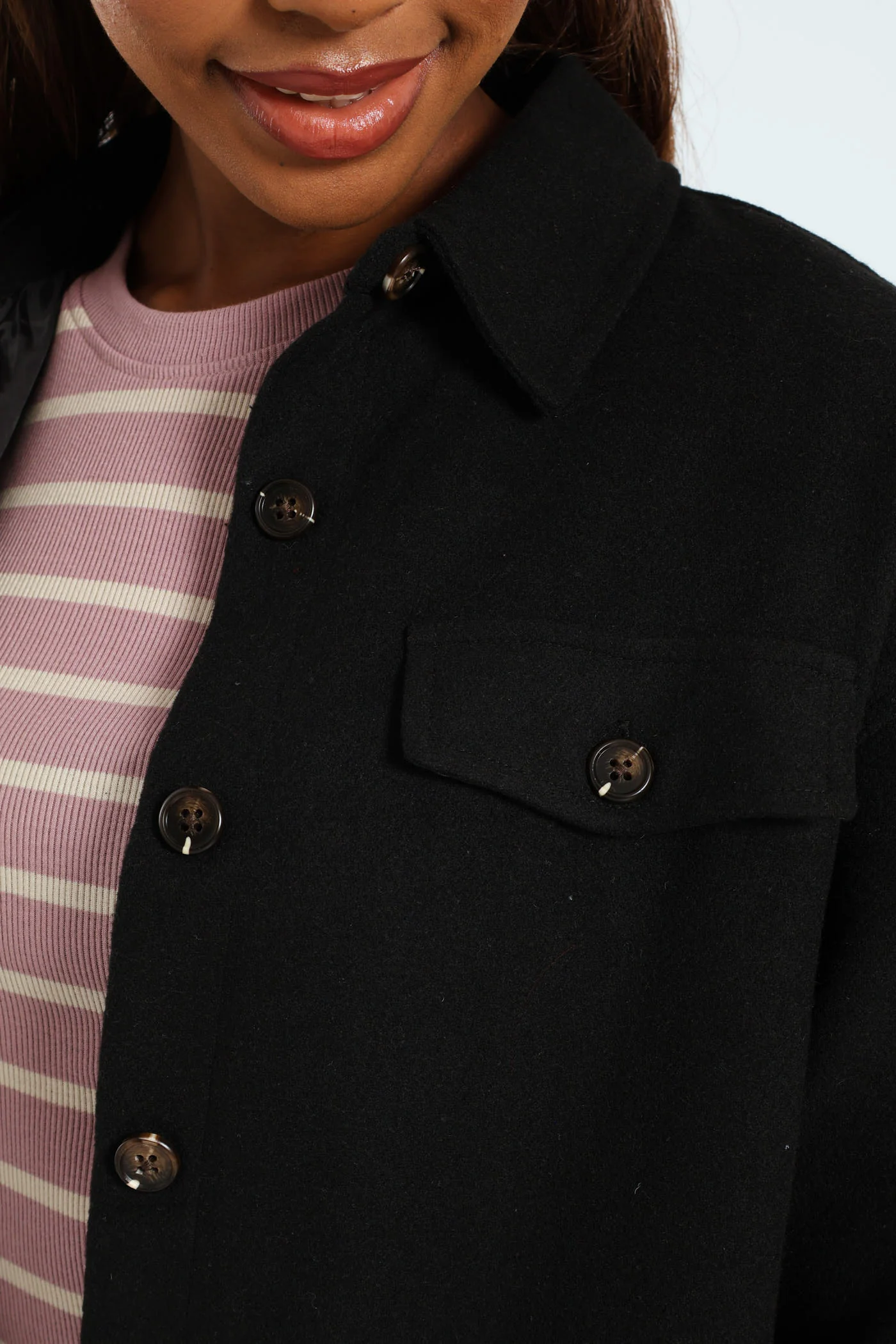 Curved Hem Lined Melton Shacket - Black - Image 2
