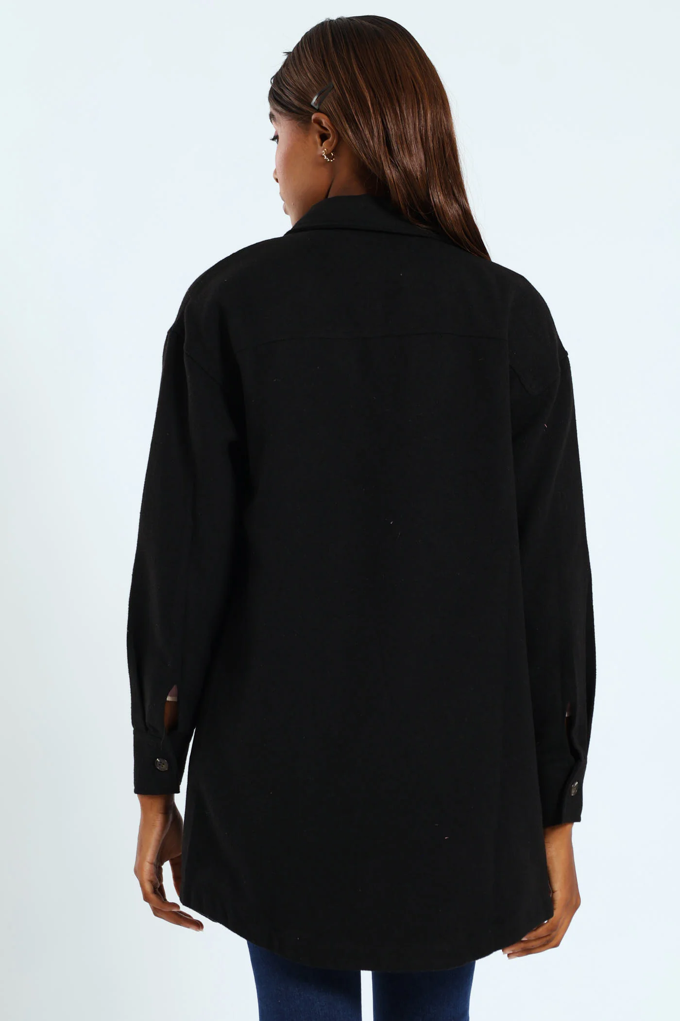 Curved Hem Lined Melton Shacket - Black - Image 3