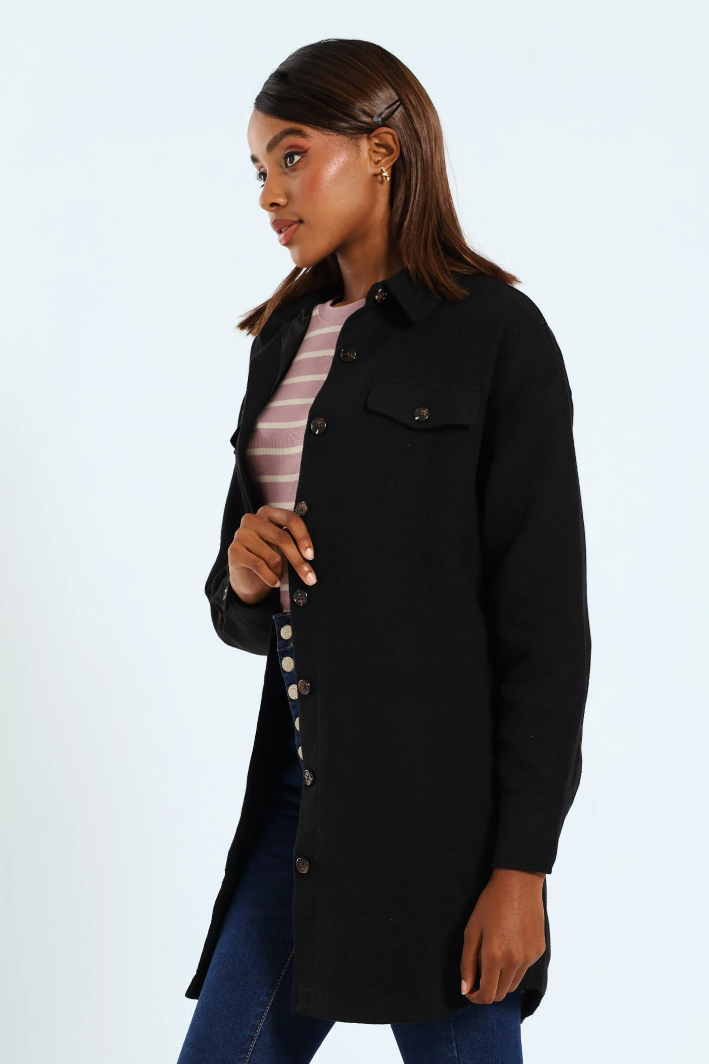 Curved Hem Lined Melton Shacket - Black - Image 4