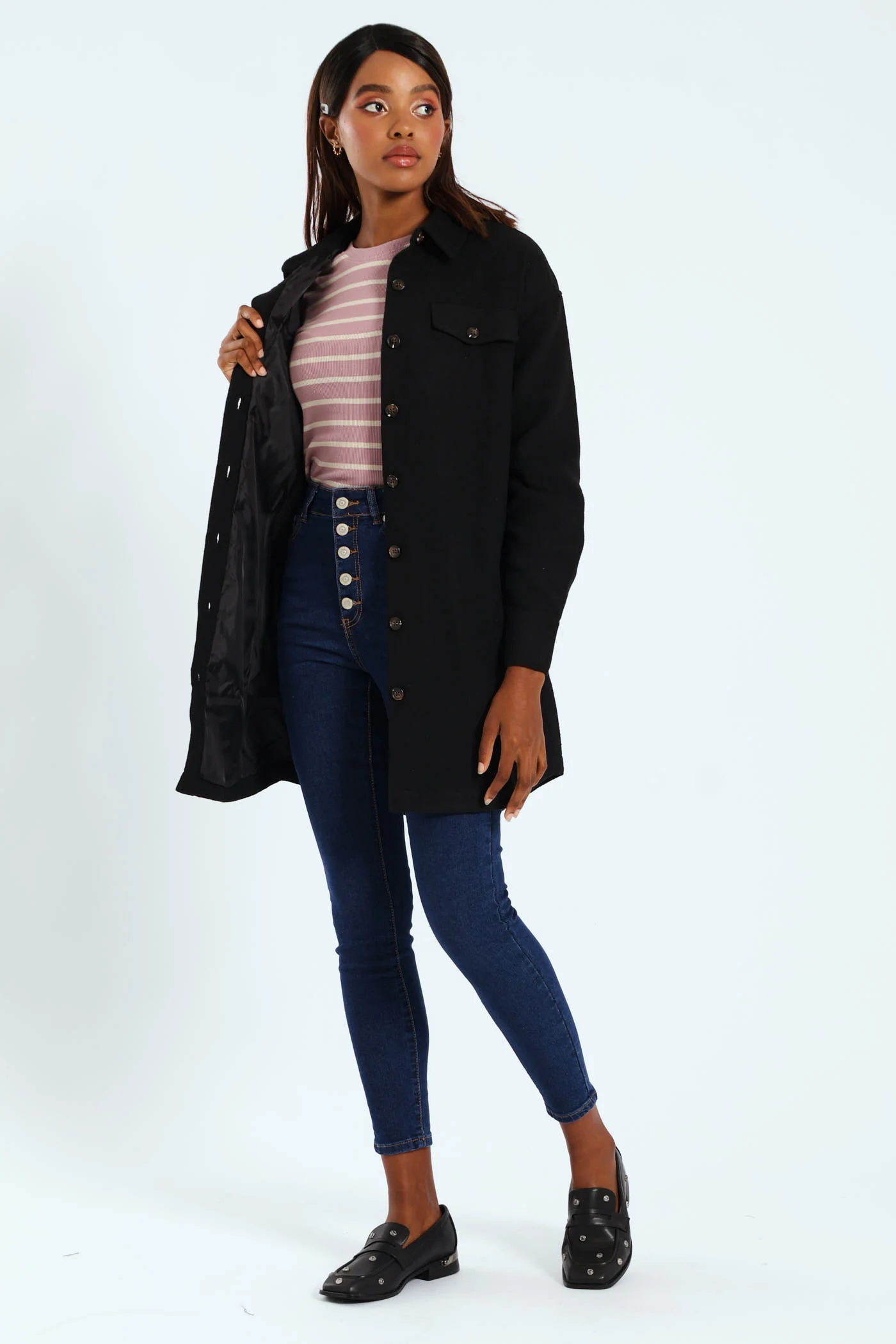 Curved Hem Lined Melton Shacket - Black - Image 6
