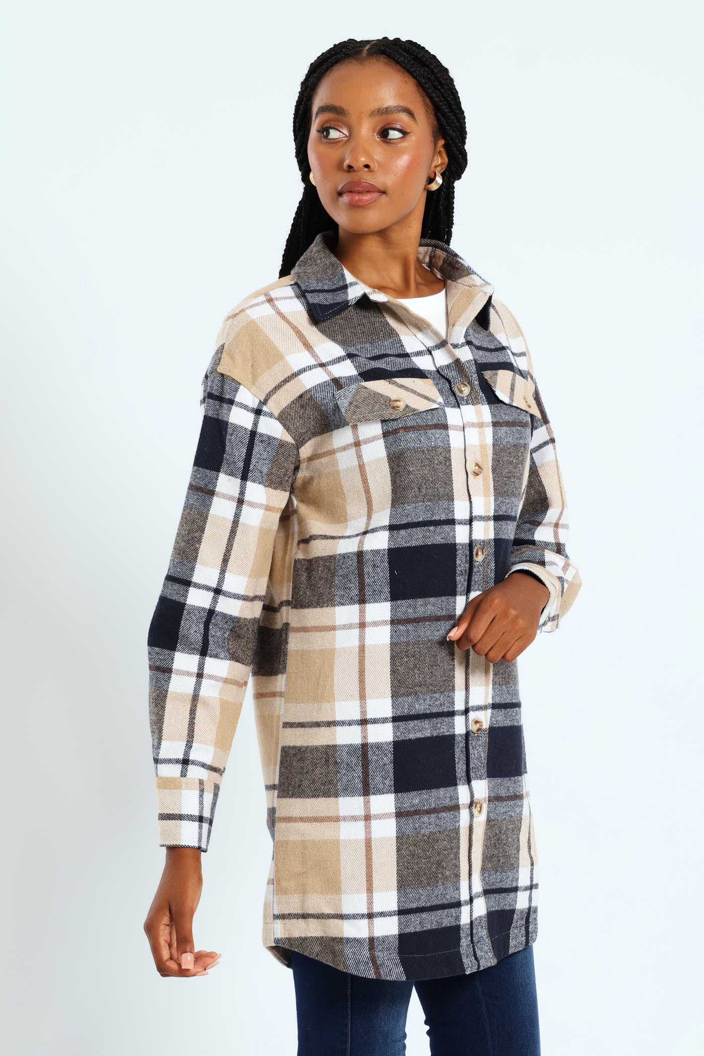 Curved Hem Lined Melton Shacket - Navy - Image 3