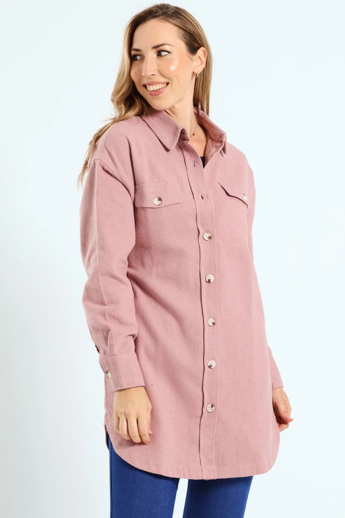 Curved Hem Long Length Lined Melton Shacket - Blush - Image 3