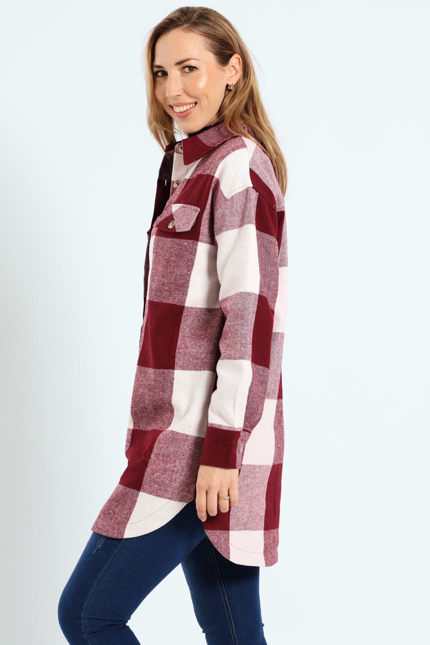 Curved Hem Long Length Lined Melton Shacket - Wine - Image 3