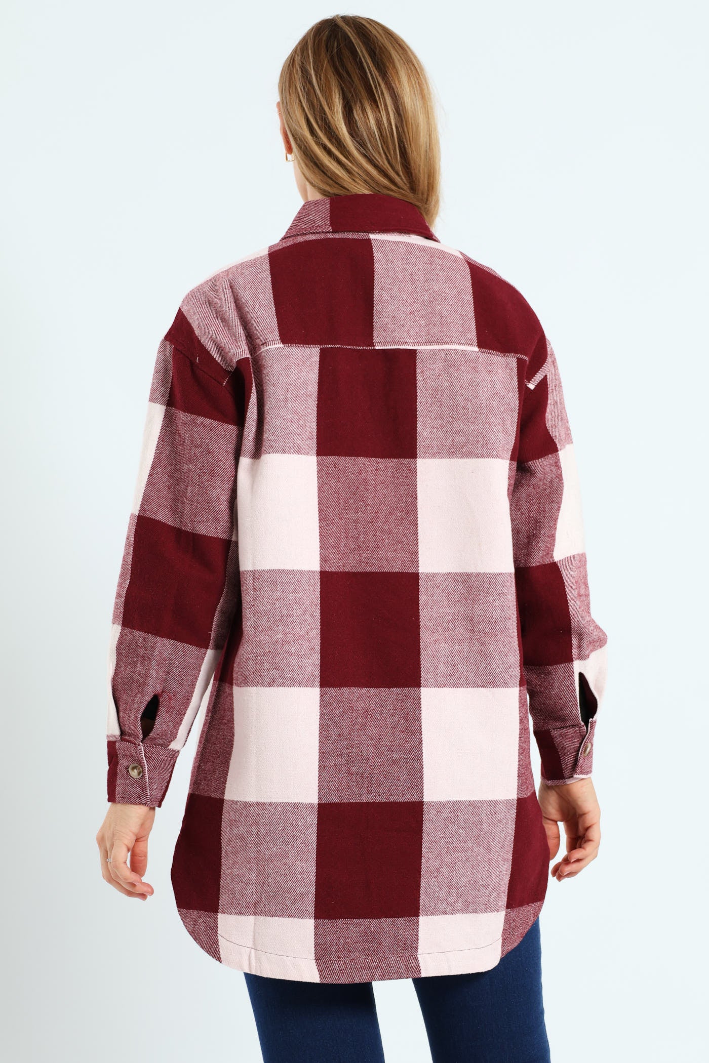 Curved Hem Long Length Lined Melton Shacket - Wine - Image 4
