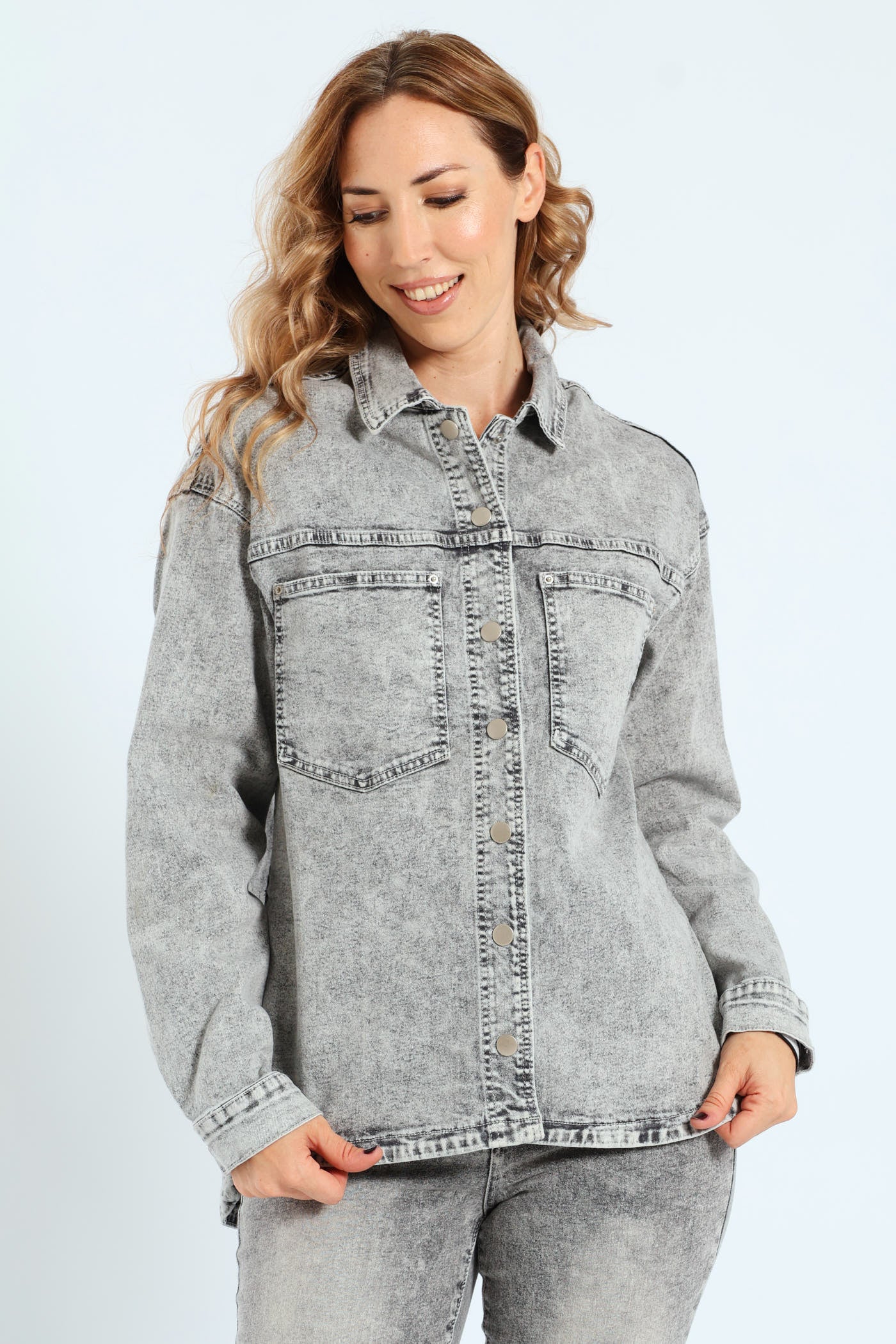 Curved Hem Stretch Denim Shacket - Salty Grey - Image 2