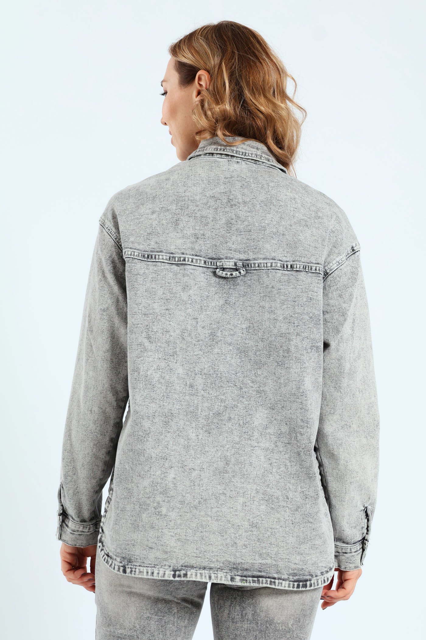 Curved Hem Stretch Denim Shacket - Salty Grey - Image 3