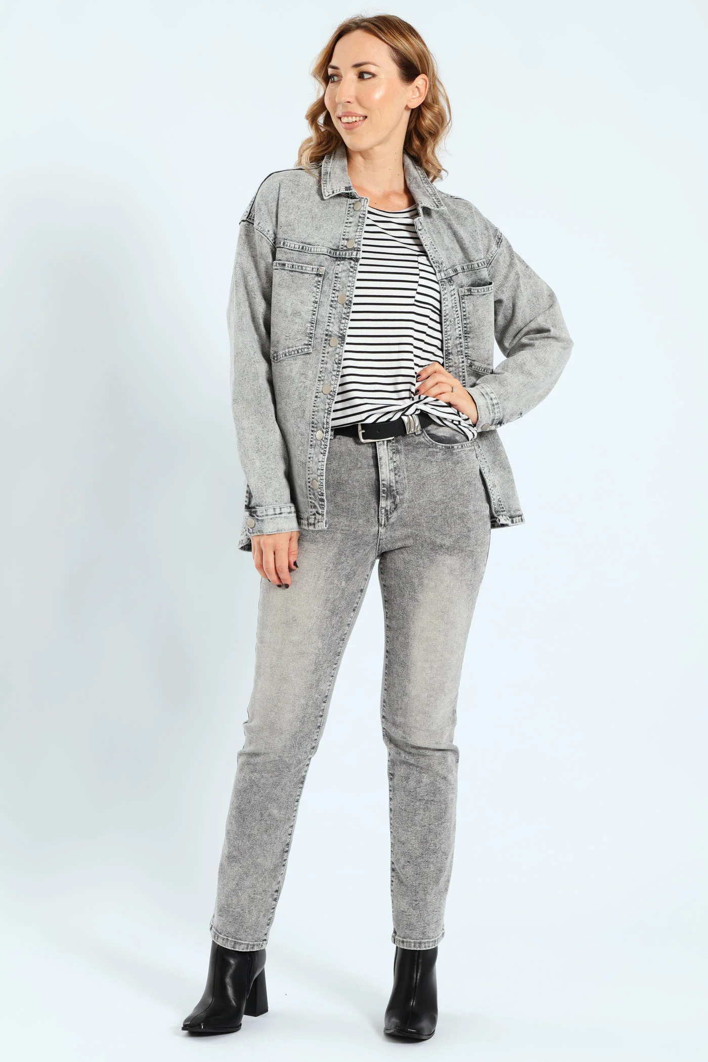 Curved Hem Stretch Denim Shacket - Salty Grey - Image 4
