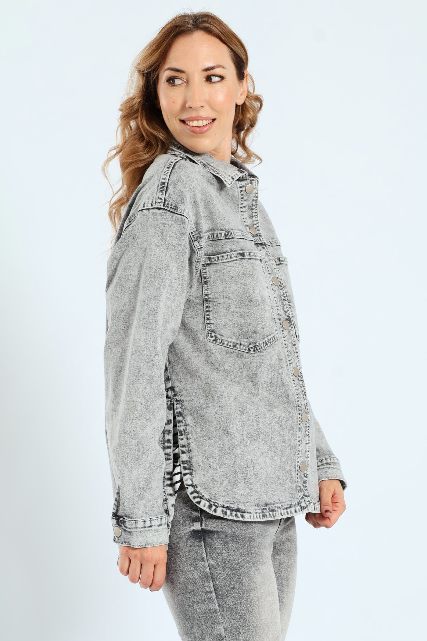Curved Hem Stretch Denim Shacket - Salty Grey - Image 5