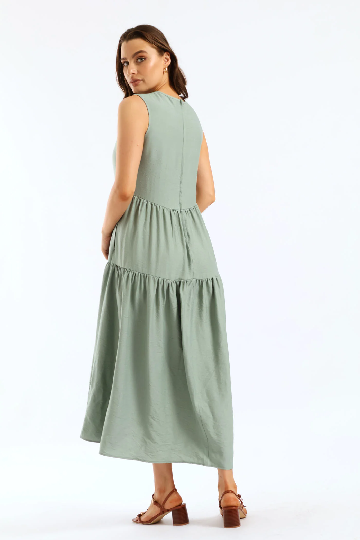 Curved Tiered Volume Midaxi Dress - Eucalyptus Green - Image 2