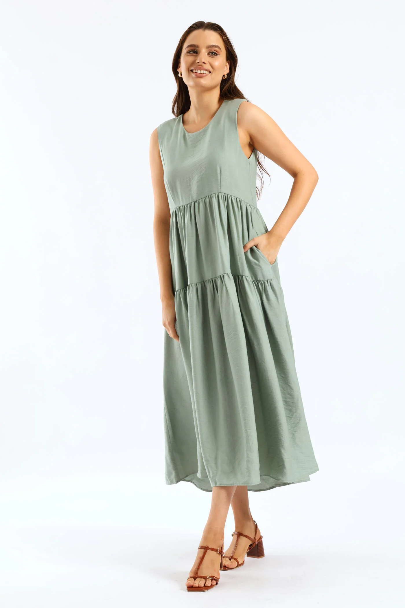 Curved Tiered Volume Midaxi Dress - Eucalyptus Green - Image 3