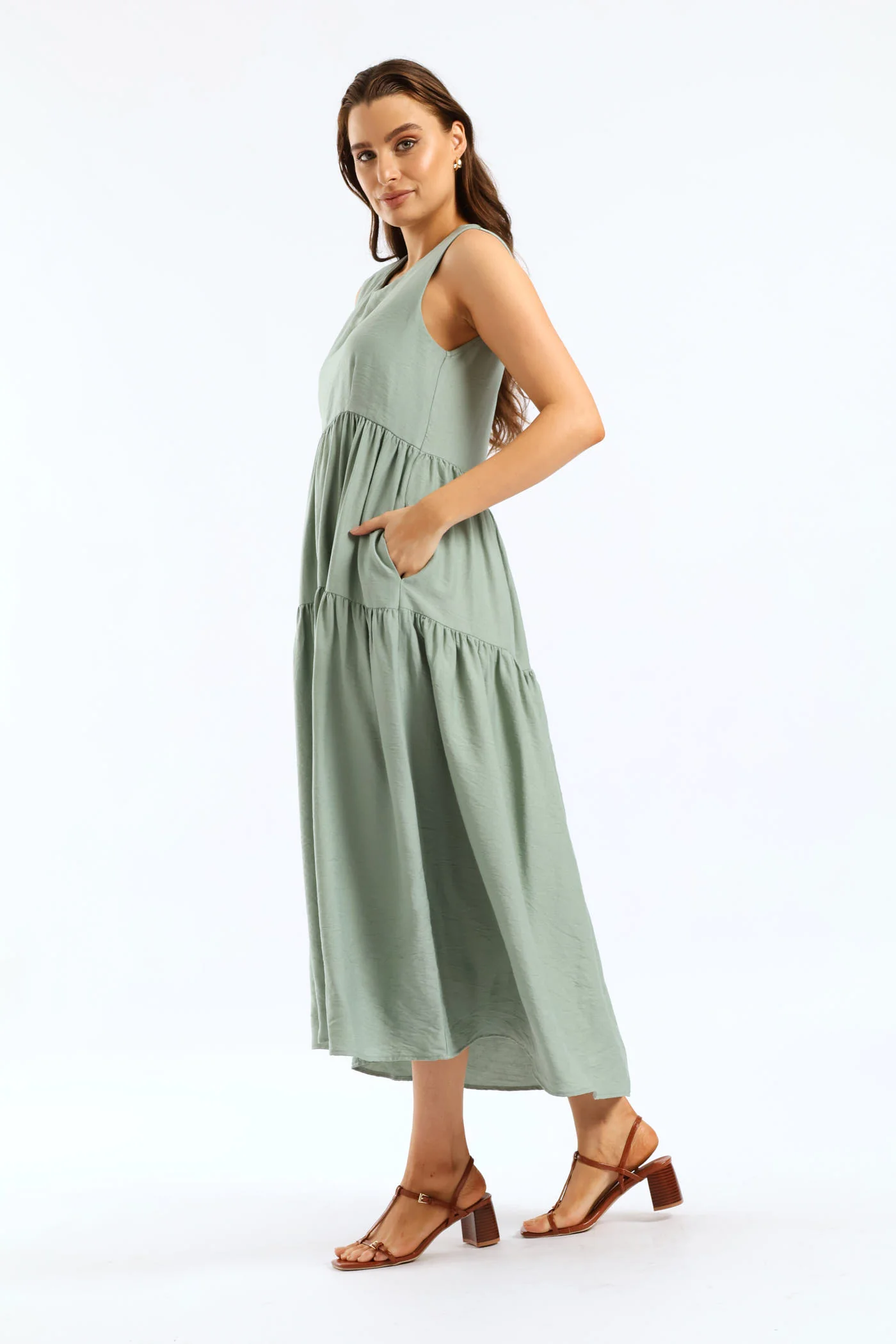 Curved Tiered Volume Midaxi Dress - Eucalyptus Green - Image 4