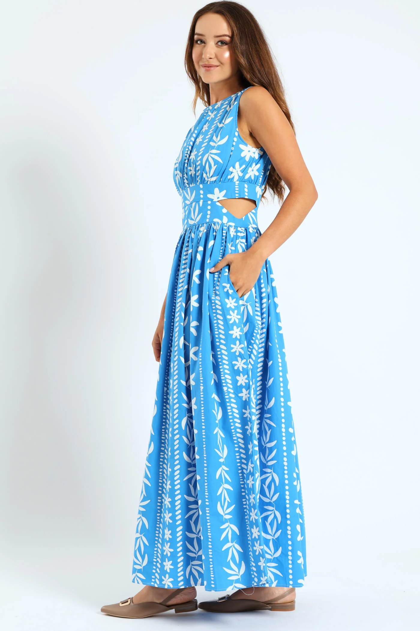 Cut-Out Printed Poplin Maxi Dress - White/Blue - Image 4