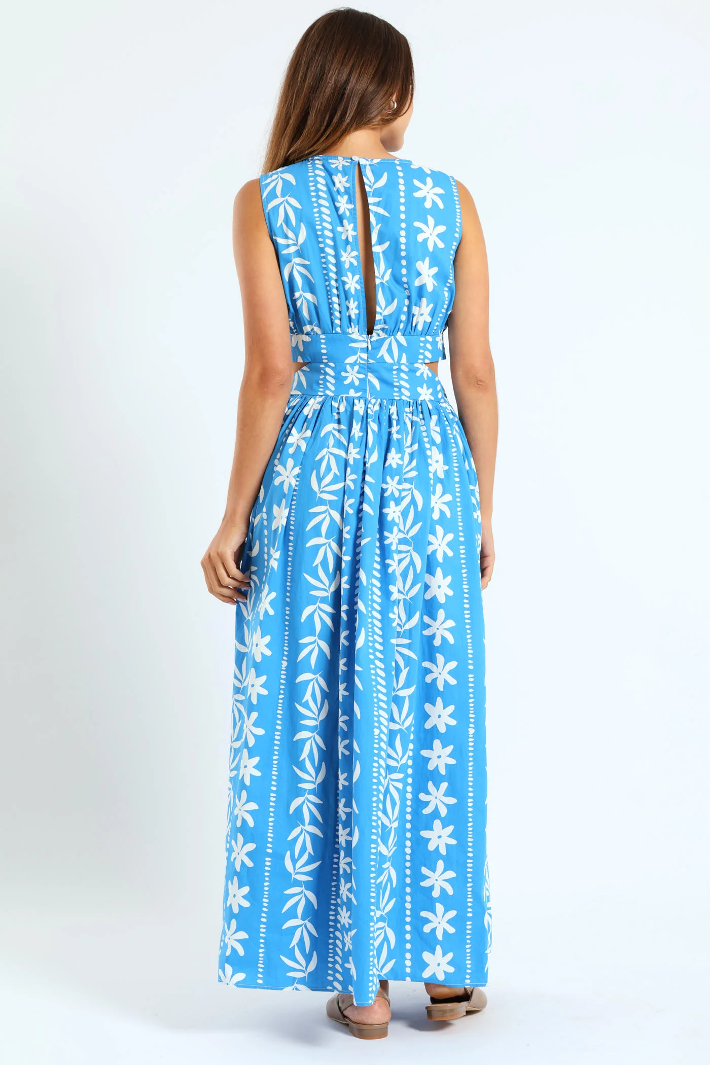 Cut-Out Printed Poplin Maxi Dress - White/Blue - Image 5