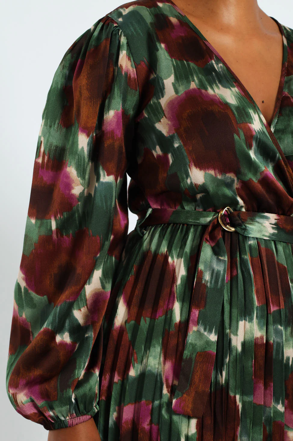 D-Ring Belted Pleated Satin Midi Wrap Dress - Image 2