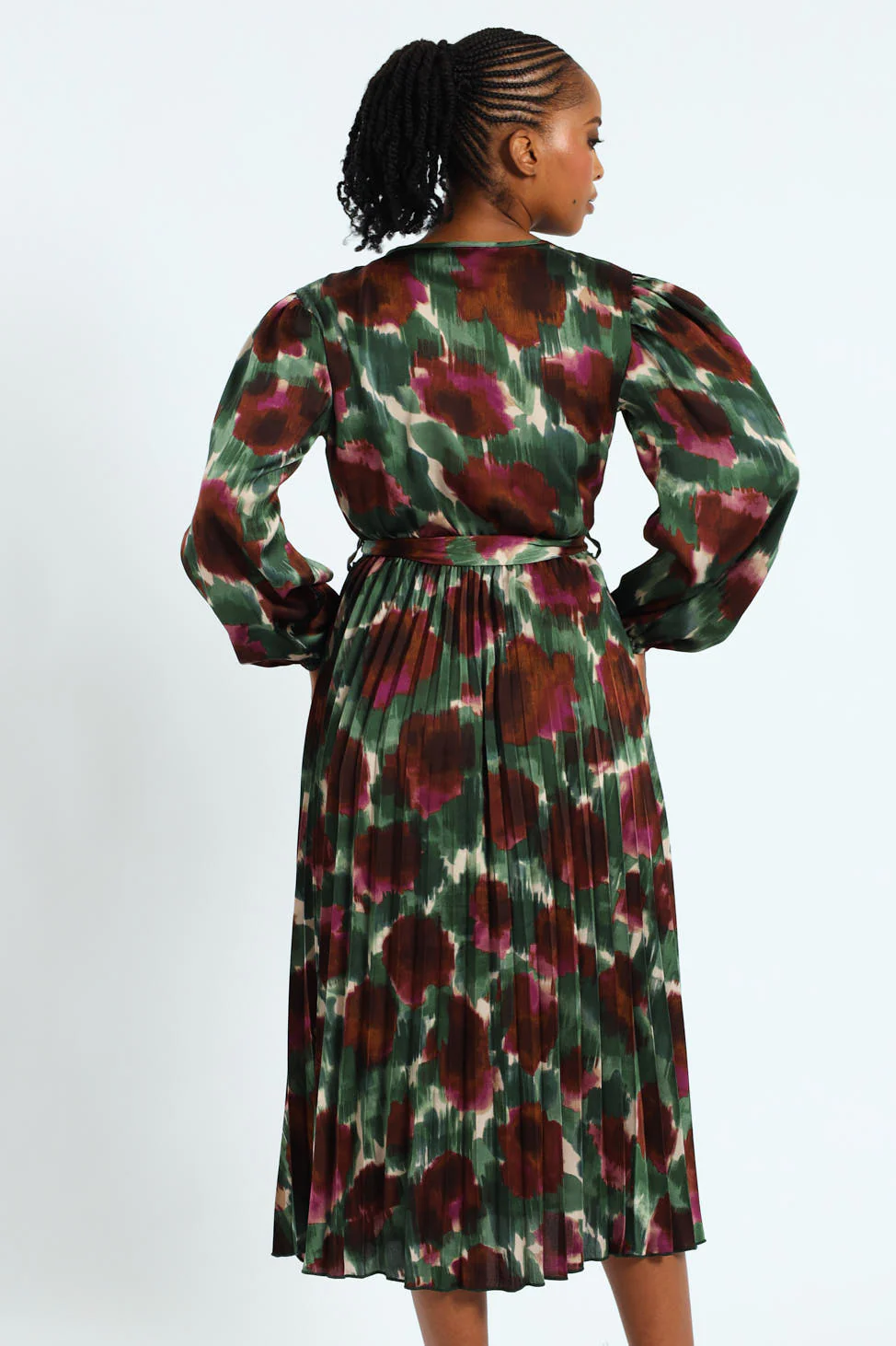 D-Ring Belted Pleated Satin Midi Wrap Dress - Image 3