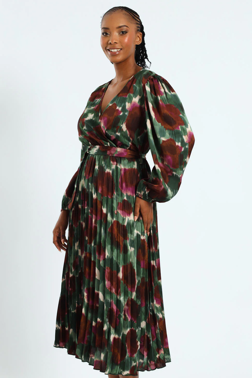 D-Ring Belted Pleated Satin Midi Wrap Dress - Image 4