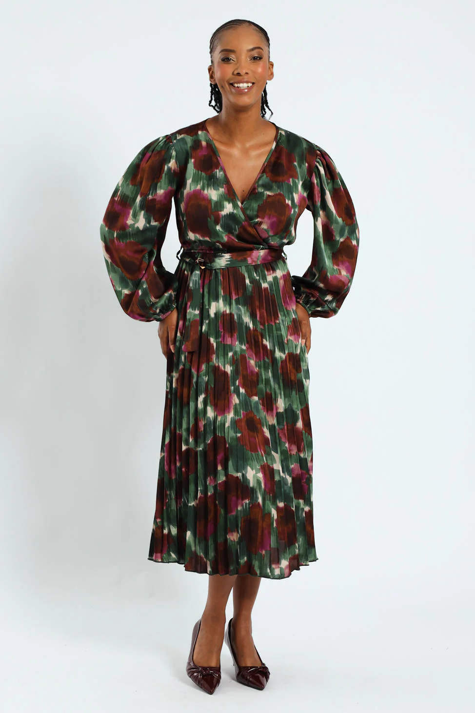 D-Ring Belted Pleated Satin Midi Wrap Dress - Image 5