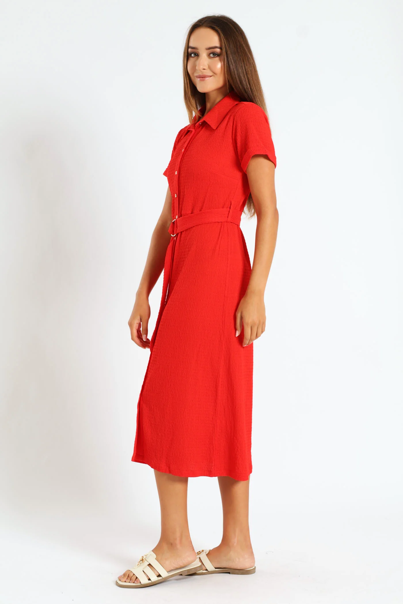 D-Ring Crinkle Midi Shirt Dress - Fiery Red - Image 2
