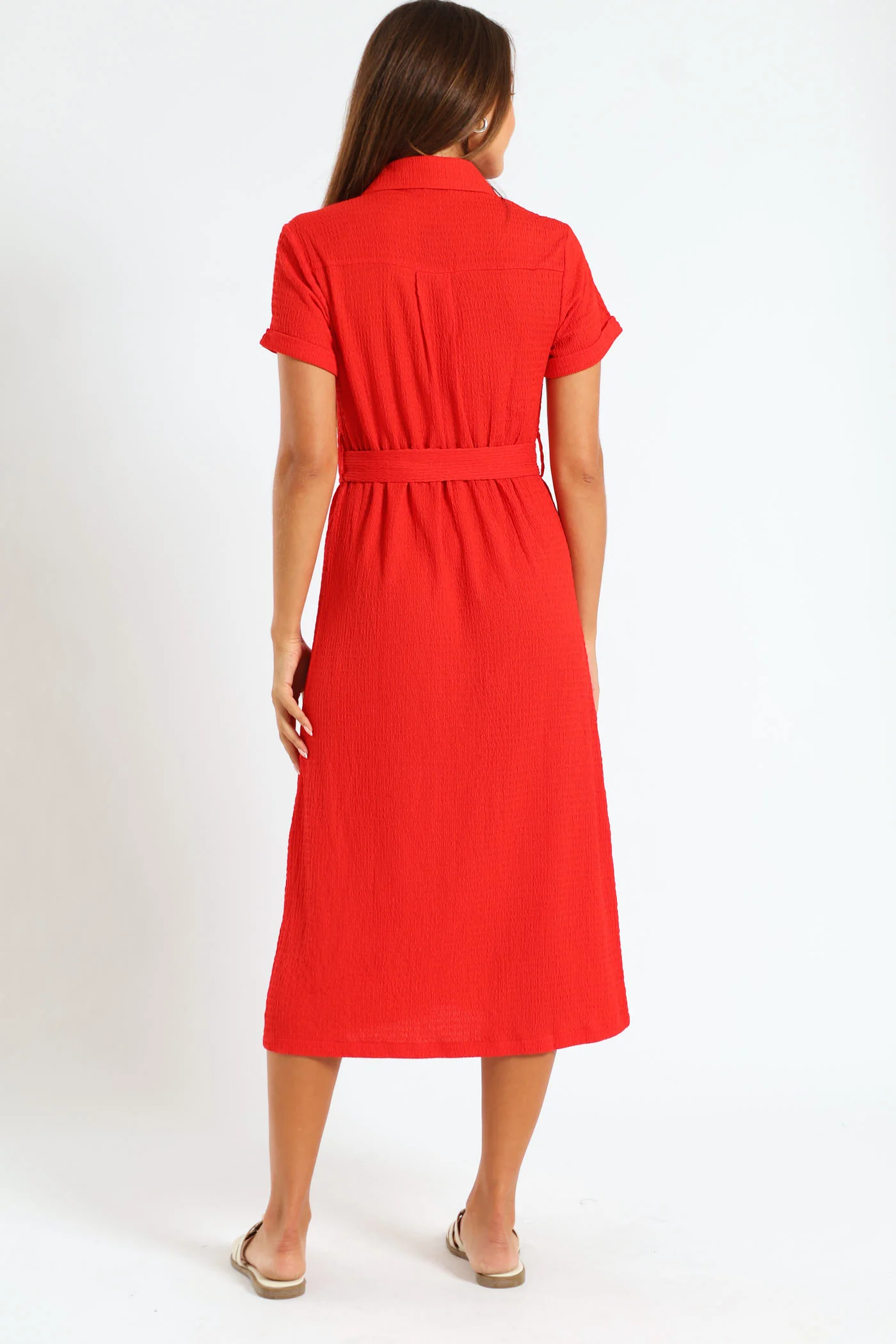 D-Ring Crinkle Midi Shirt Dress - Fiery Red - Image 3