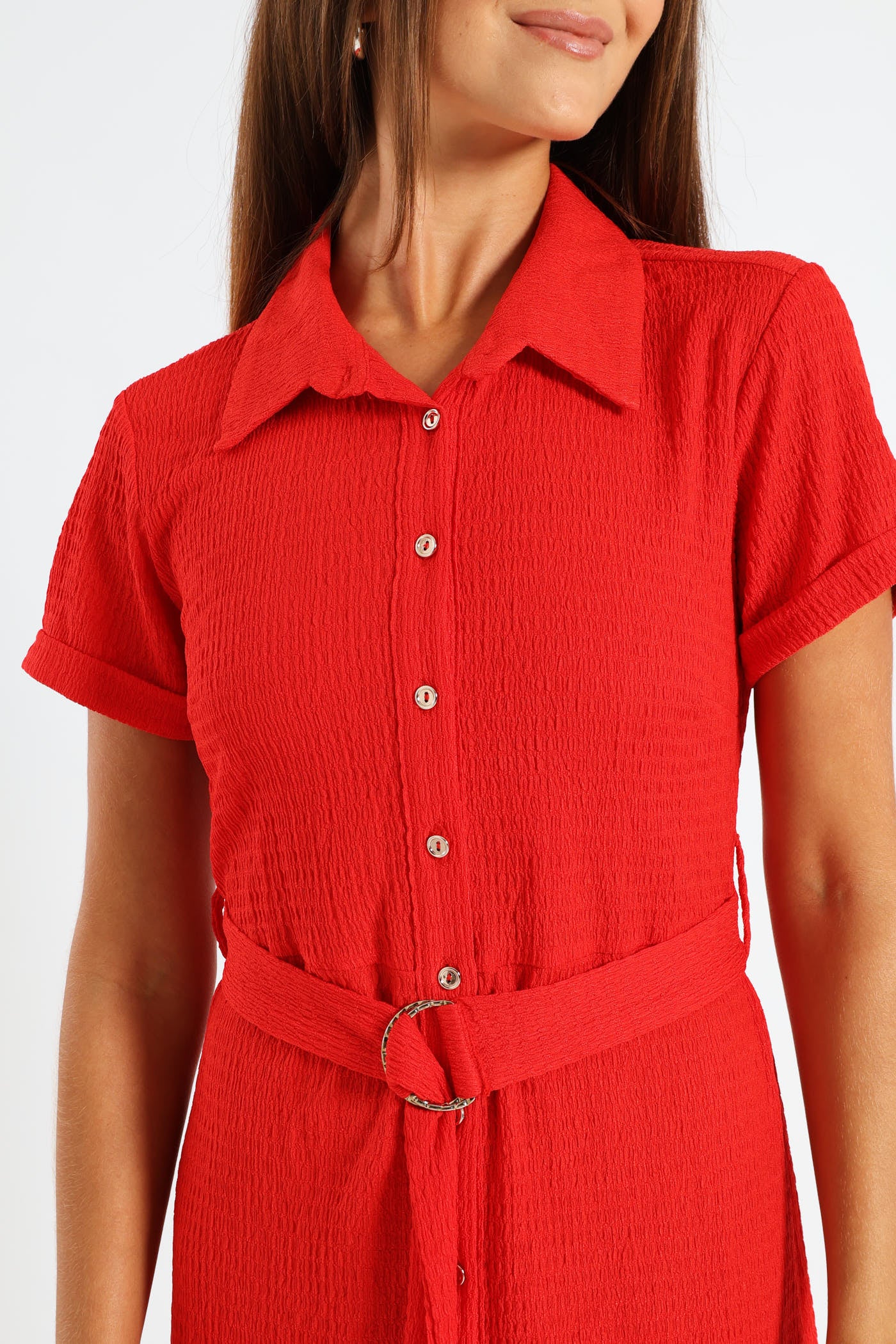 D-Ring Crinkle Midi Shirt Dress - Fiery Red - Image 4