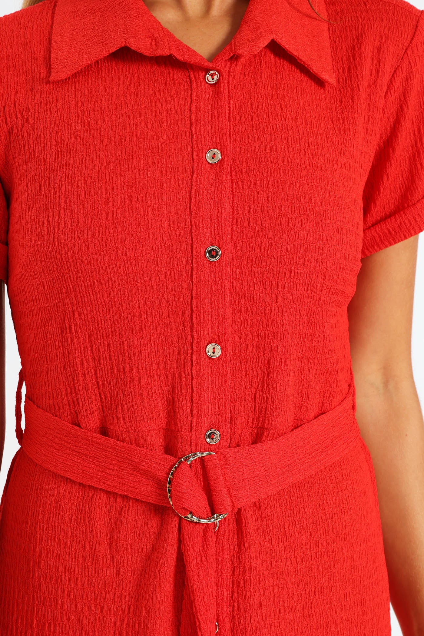 D-Ring Crinkle Midi Shirt Dress - Fiery Red - Image 5
