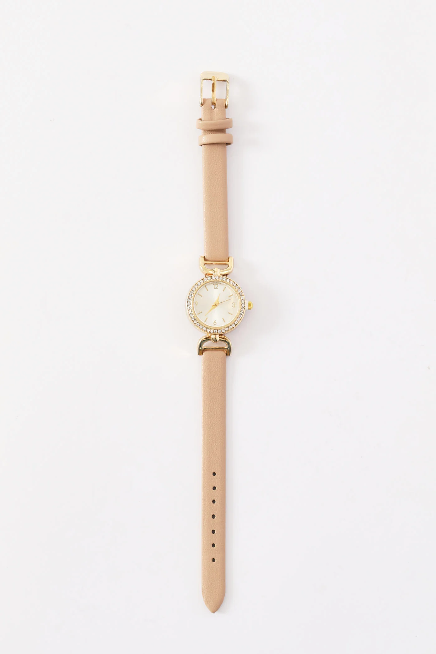 Dainty Taupe Strap Diamante Watch - Gold - Image 2