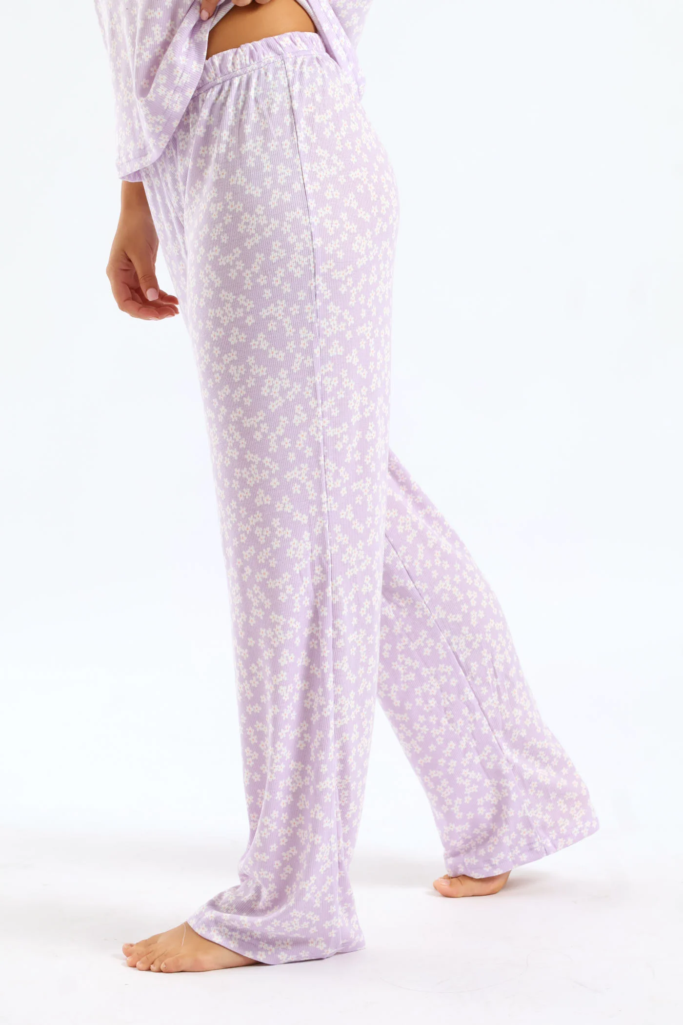 Daisies Rib Knit Straight Leg Sleep Pant - Lilac - Image 3