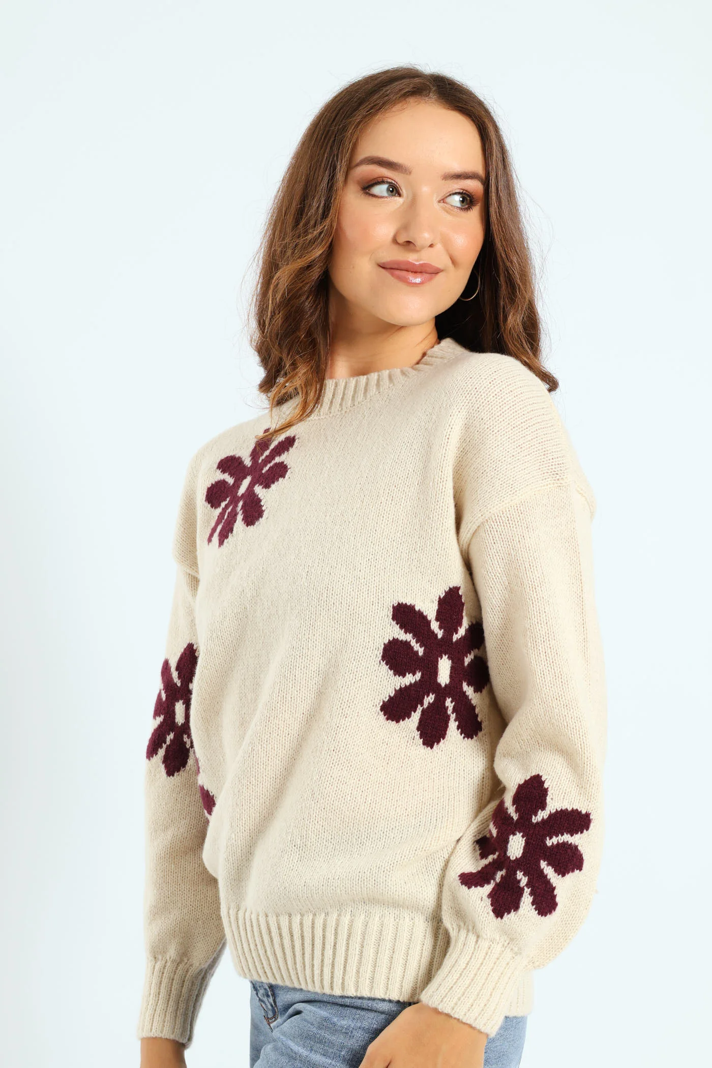 Daisy Jacquard Pullover - Cream/Plum - Image 3