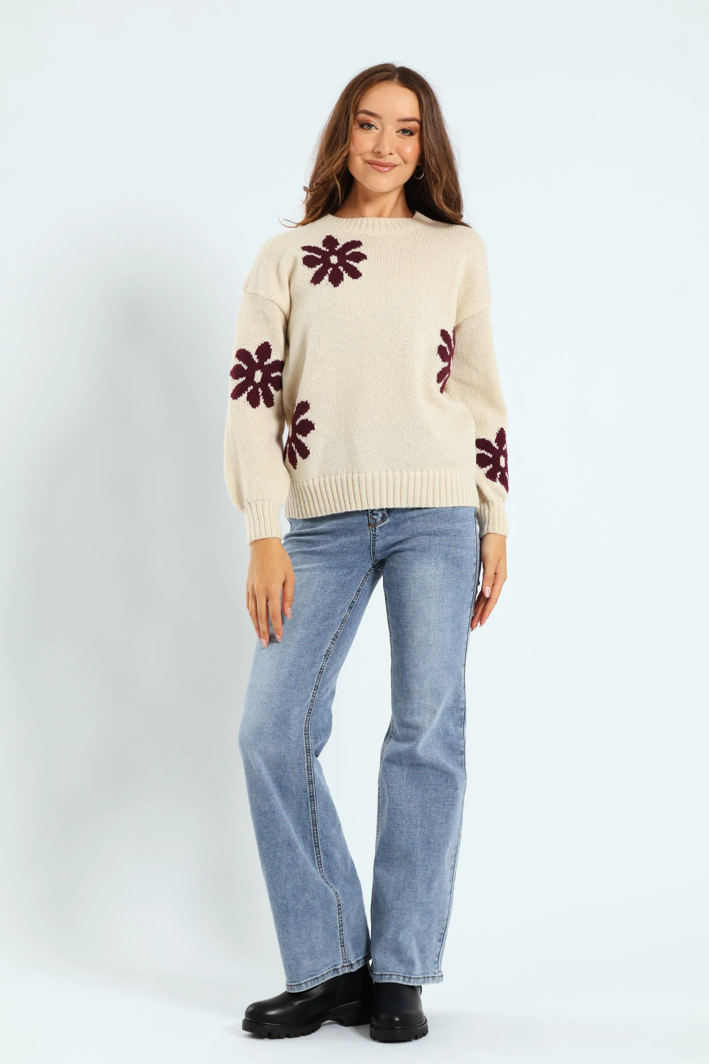 Daisy Jacquard Pullover - Cream/Plum - Image 6