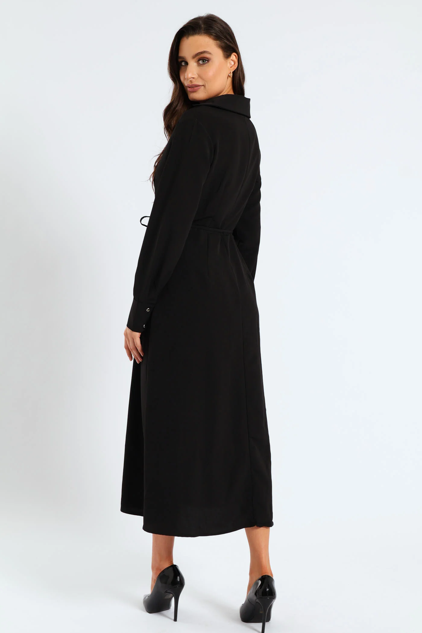 Darted Waisted Midi Shirt Dress - Black - Image 3