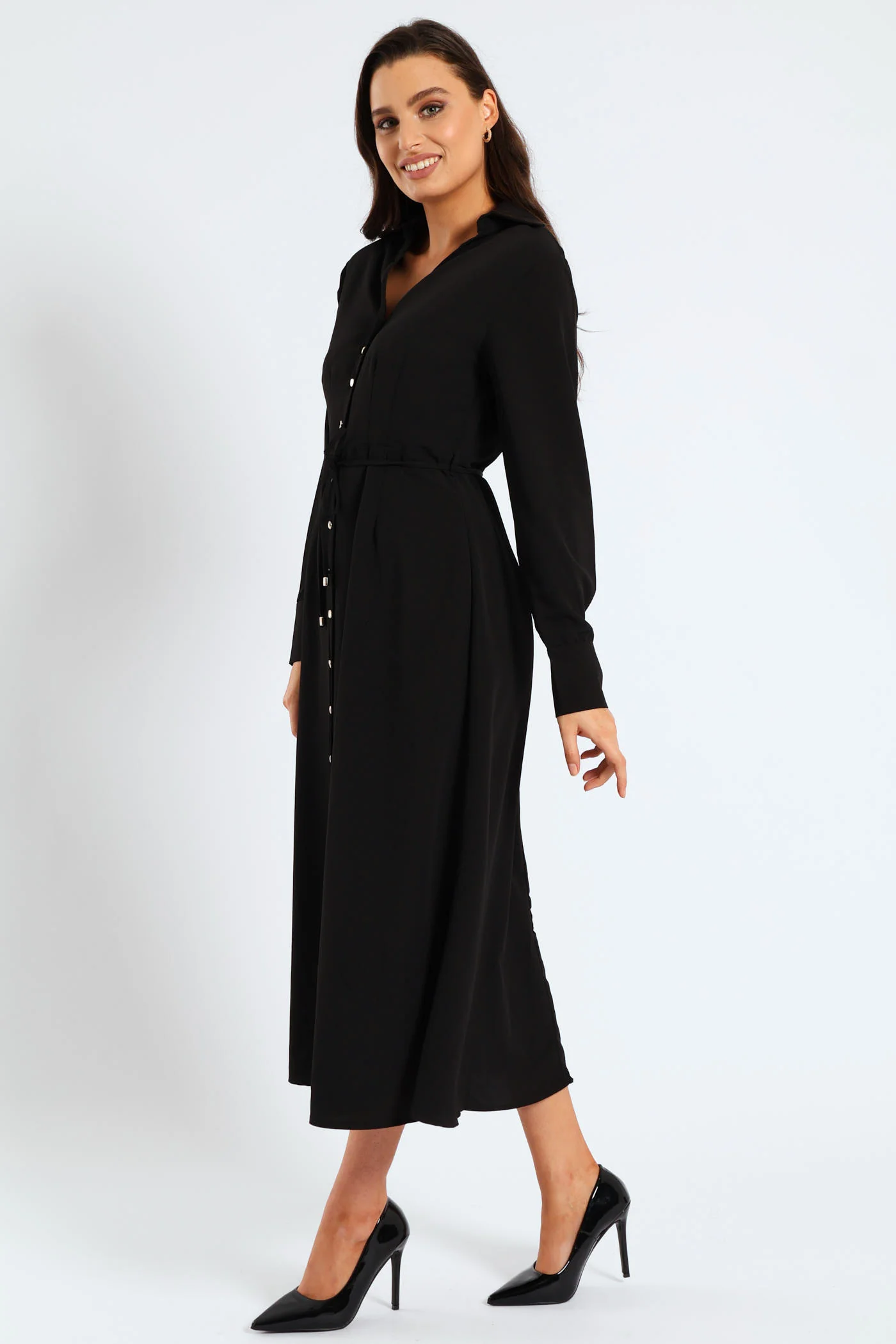 Darted Waisted Midi Shirt Dress - Black - Image 4