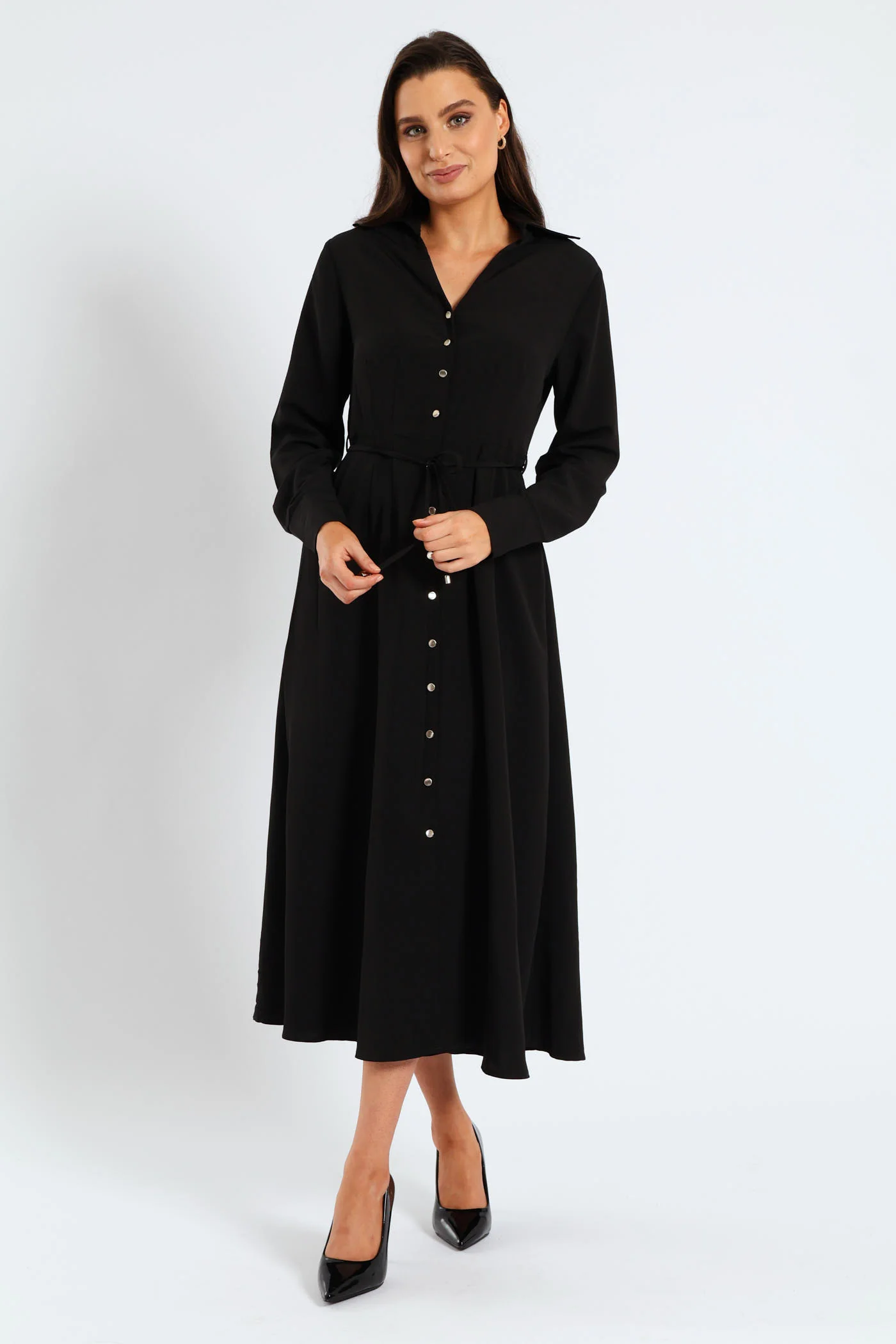Darted Waisted Midi Shirt Dress - Black - Image 5