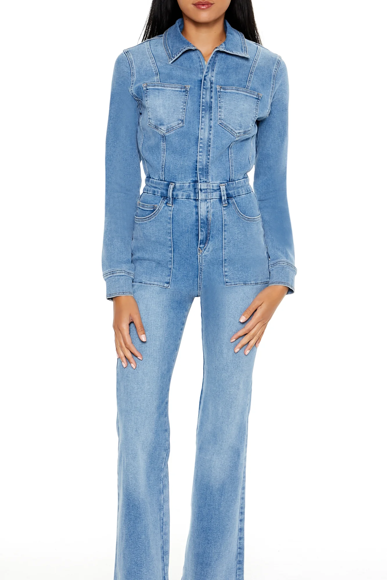 Denim Bootcut Zip-Up Jumpsuit - Mid Blue - Image 2