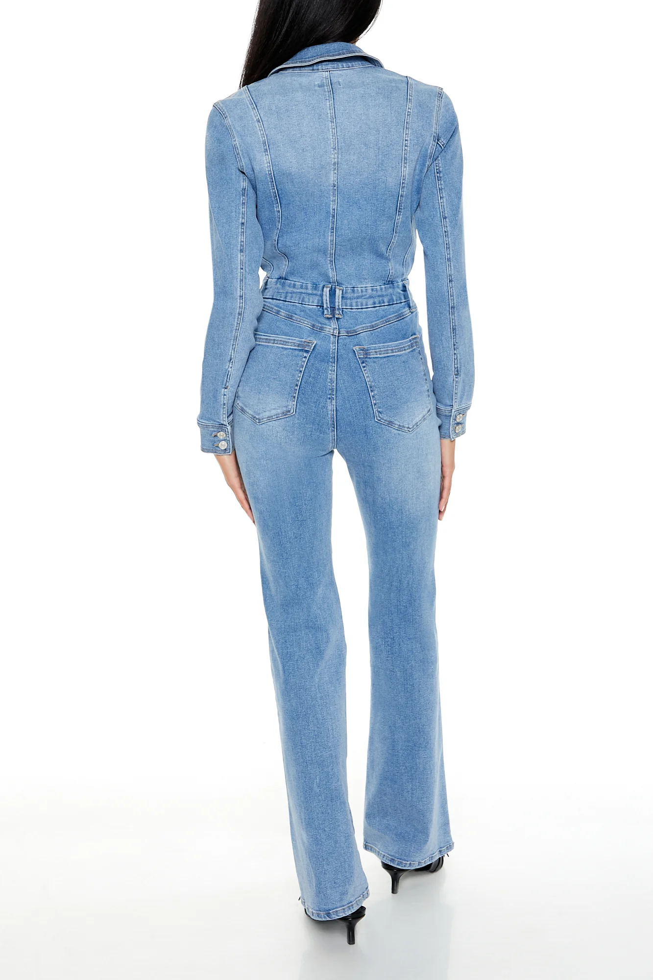 Denim Bootcut Zip-Up Jumpsuit - Mid Blue - Image 4