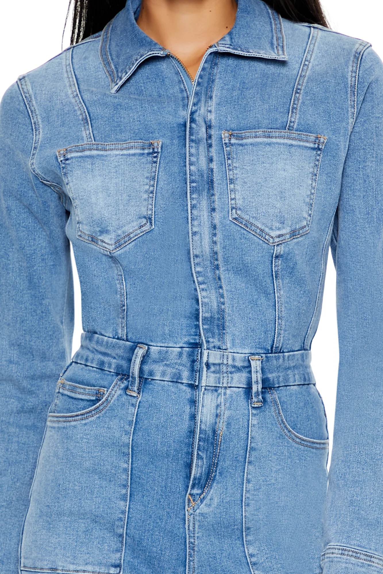 Denim Bootcut Zip-Up Jumpsuit - Mid Blue - Image 5