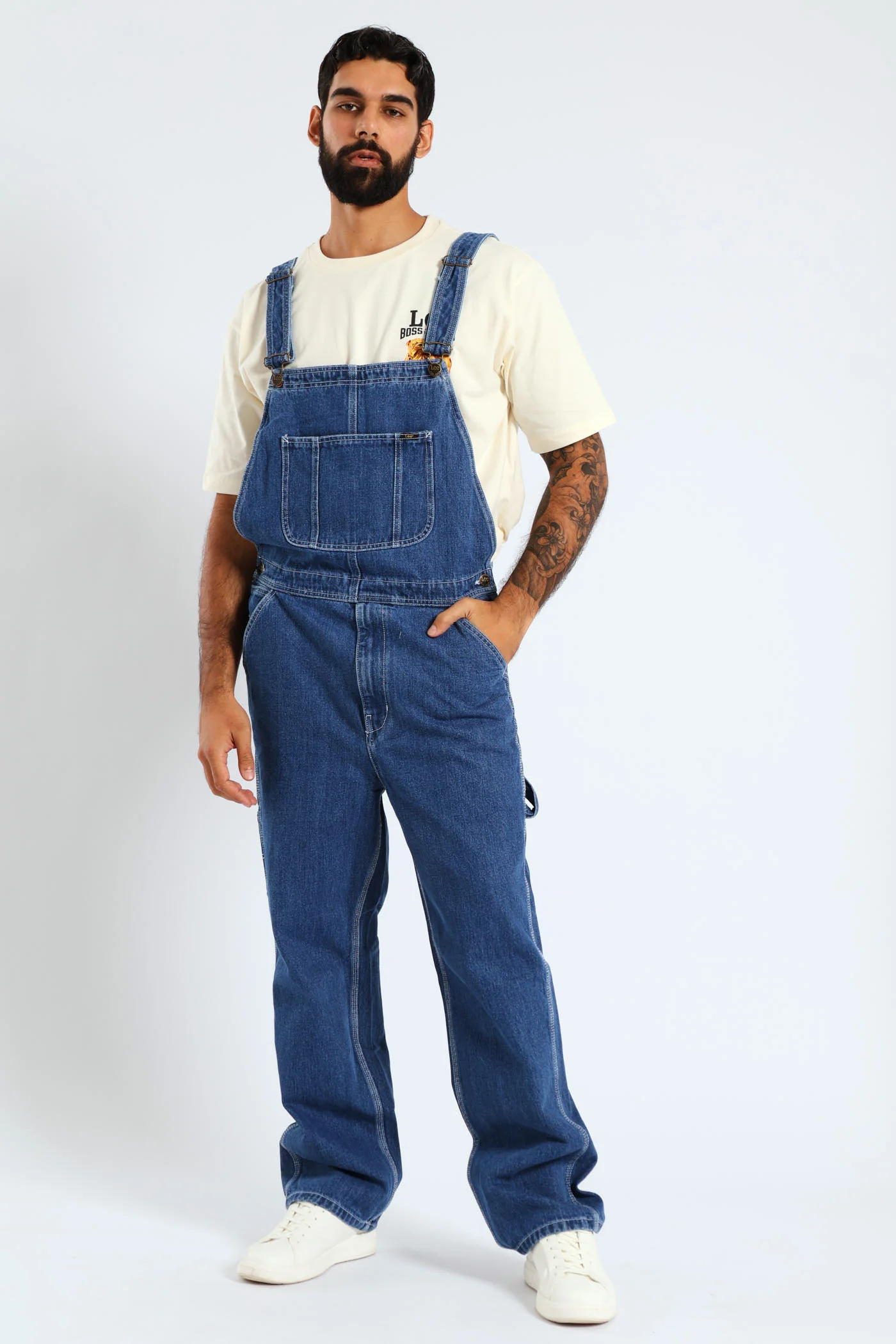 Regular Relaxed Straight Leg Denim  Dungaree - Med Wash - Image 8