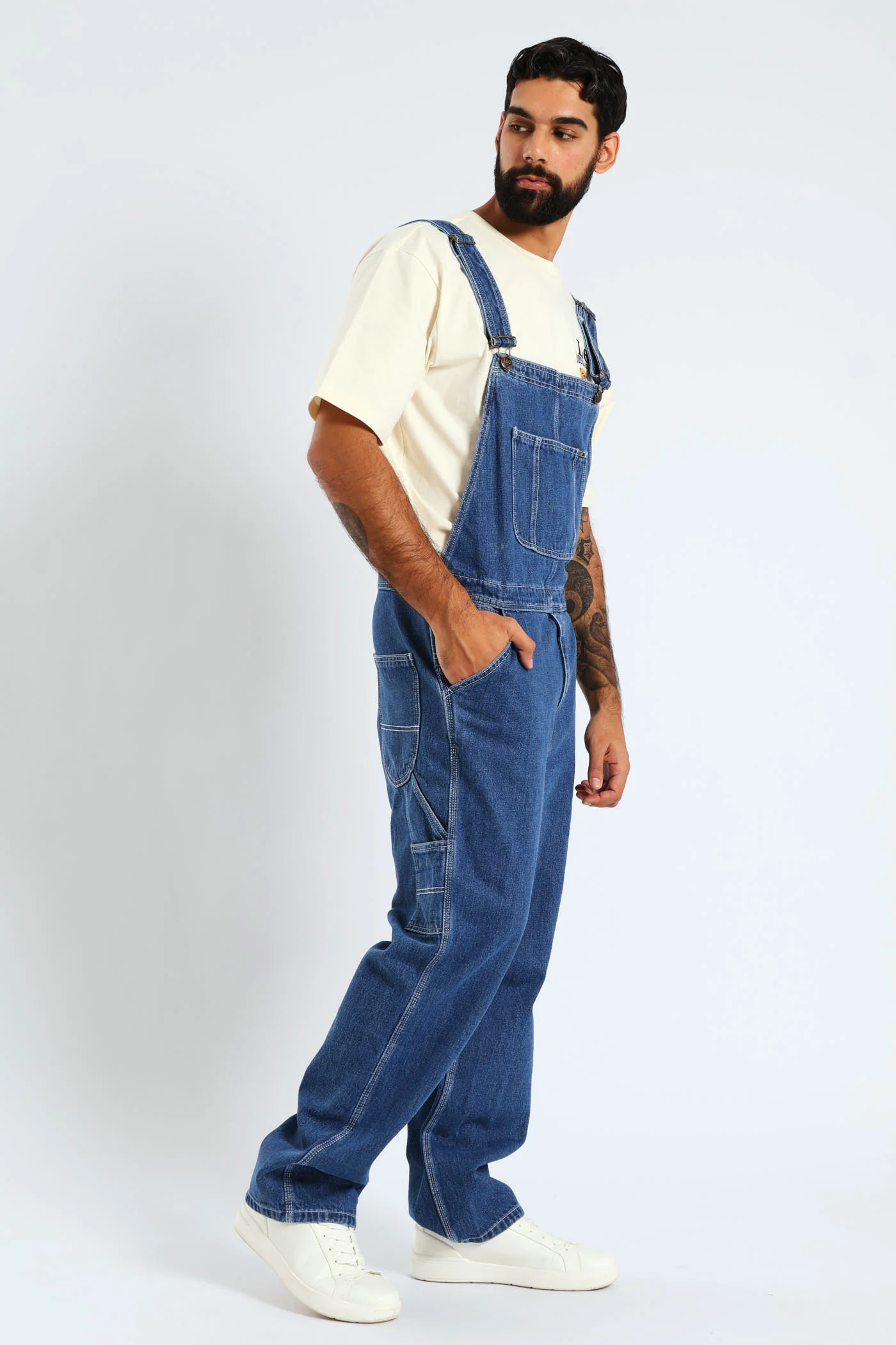 Regular Relaxed Straight Leg Denim  Dungaree - Med Wash - Image 9