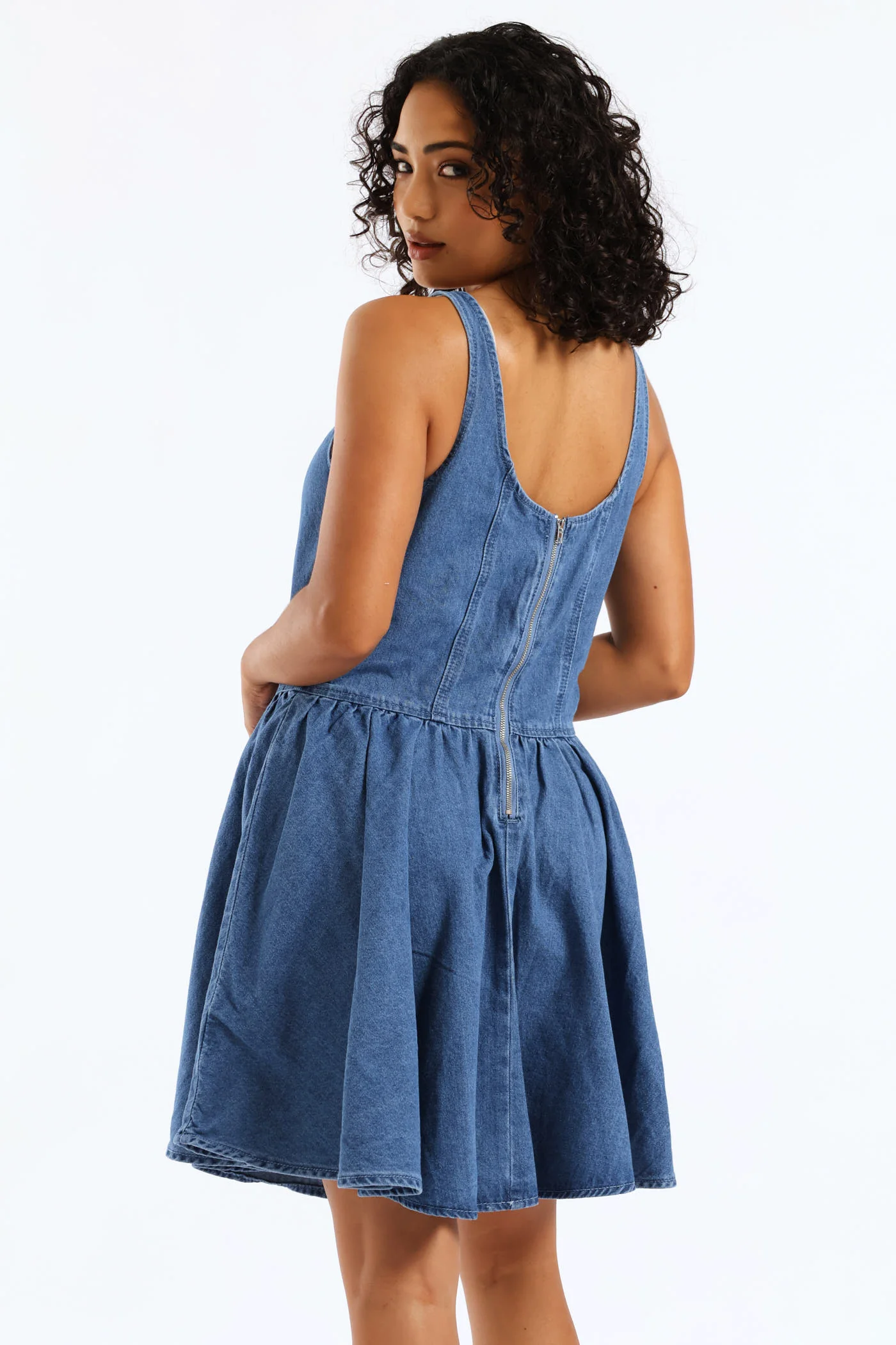 Denim Fit & Flare Dress - Mid Blue - Image 2