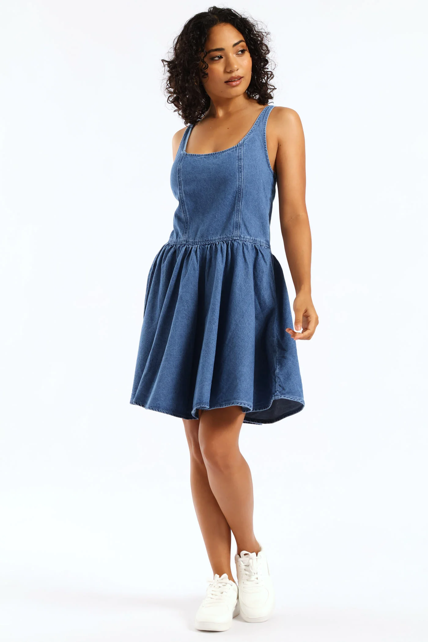 Denim Fit & Flare Dress - Mid Blue - Image 3